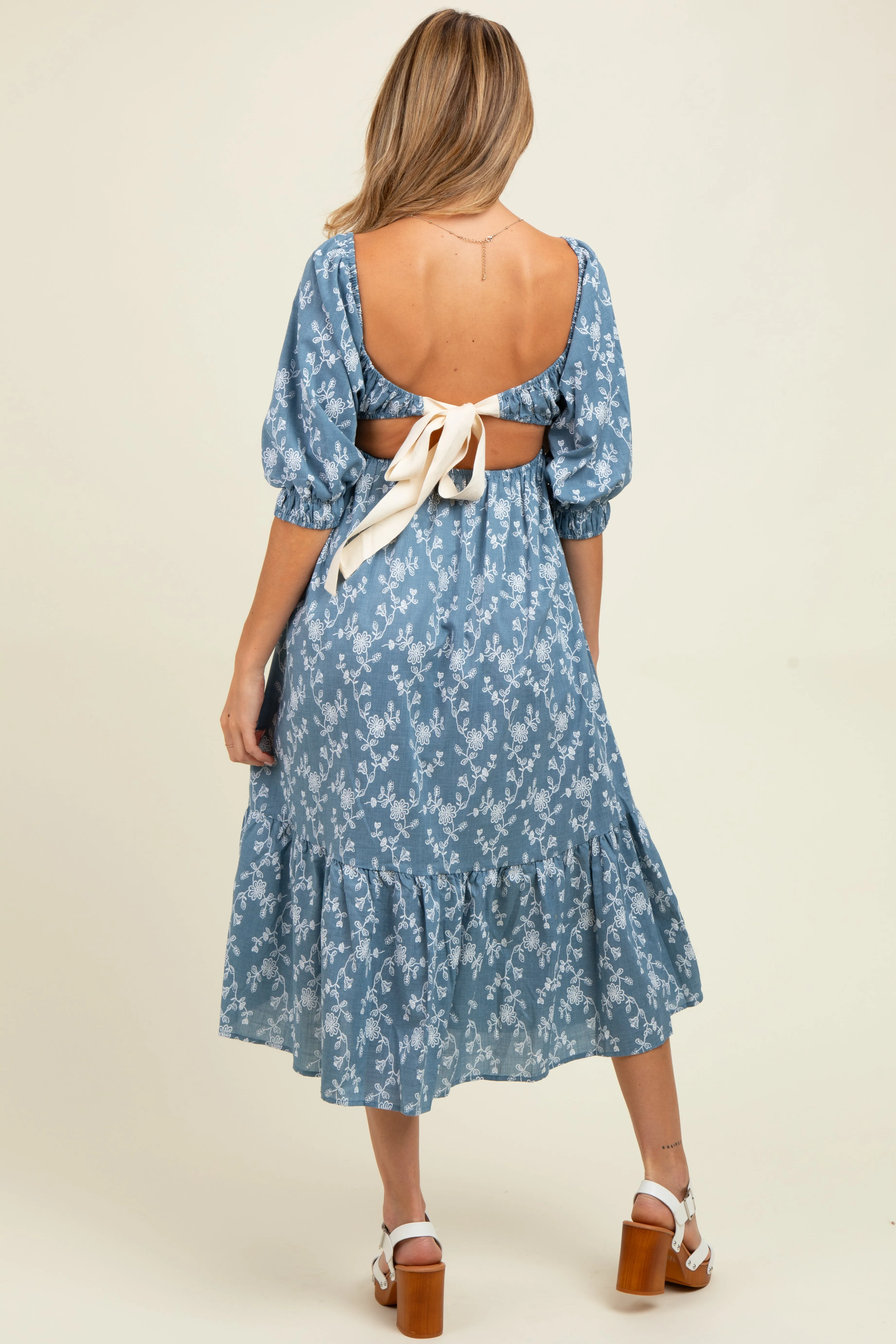 Blue Floral Back Cutout Ribbon Tie Maternity Maxi Dress sold by Pinkblush product image thumbnail 4