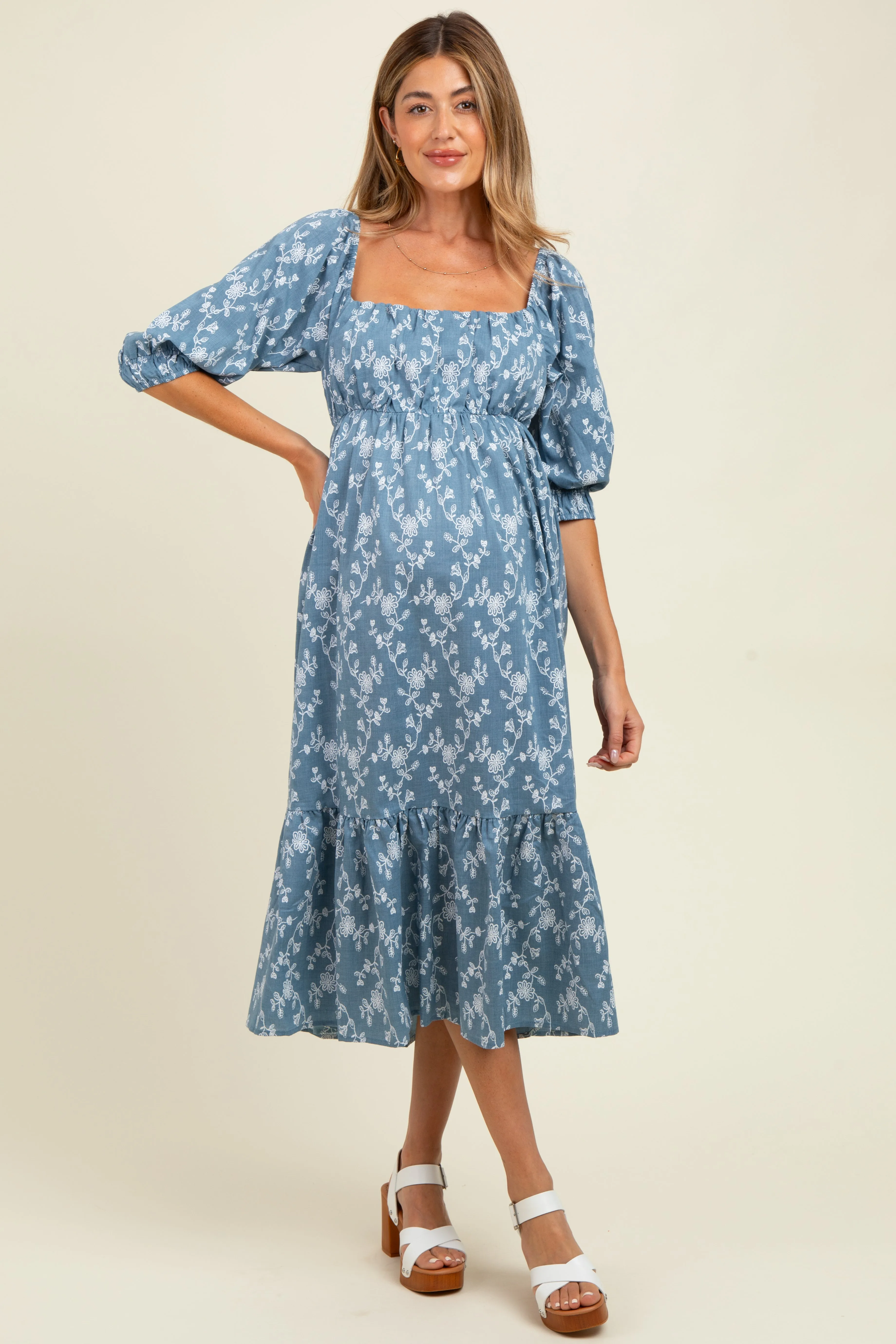 Blue Floral Back Cutout Ribbon Tie Maternity Maxi Dress sold by Pinkblush