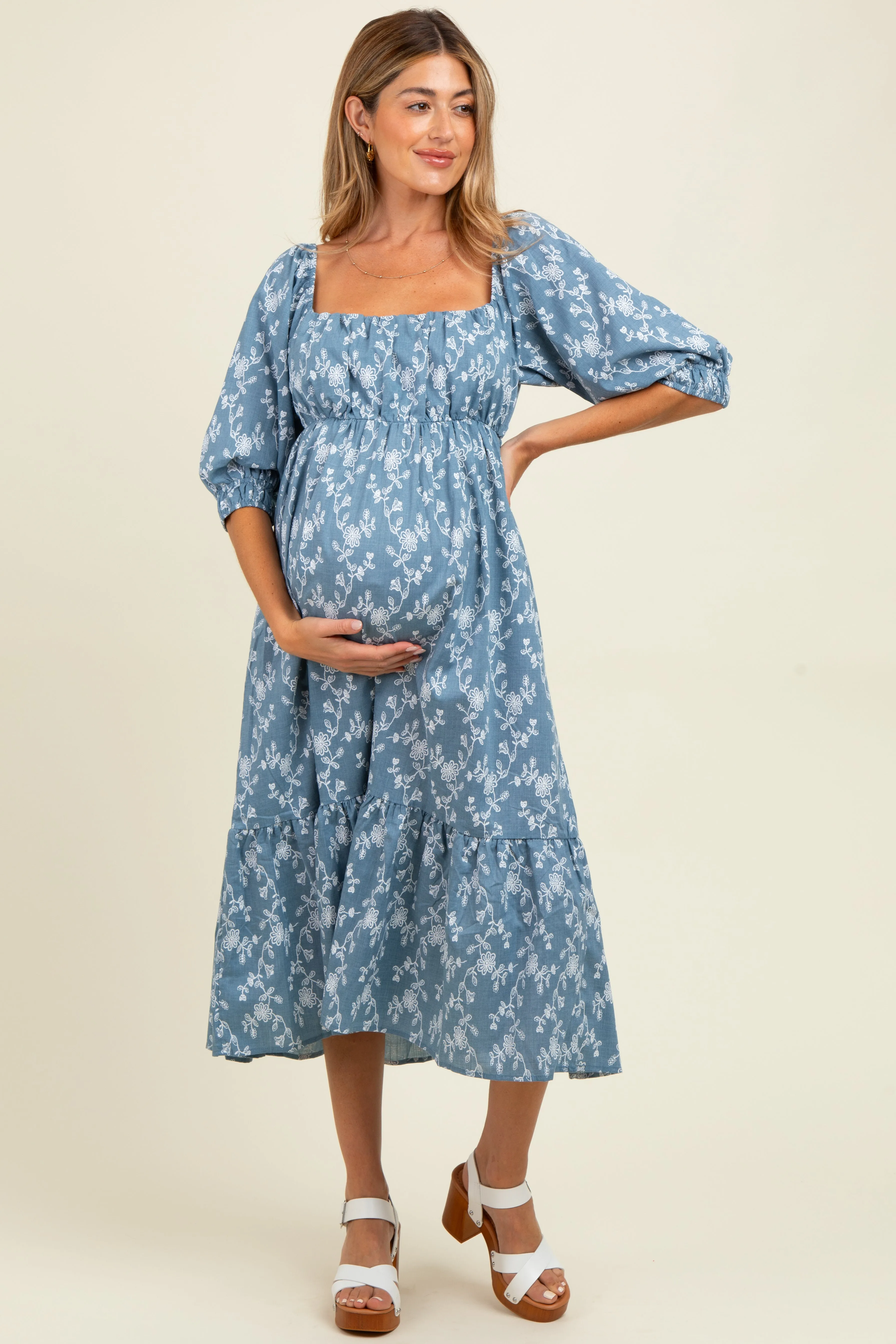 Blue Floral Back Cutout Ribbon Tie Maternity Maxi Dress sold by Pinkblush product image thumbnail 2