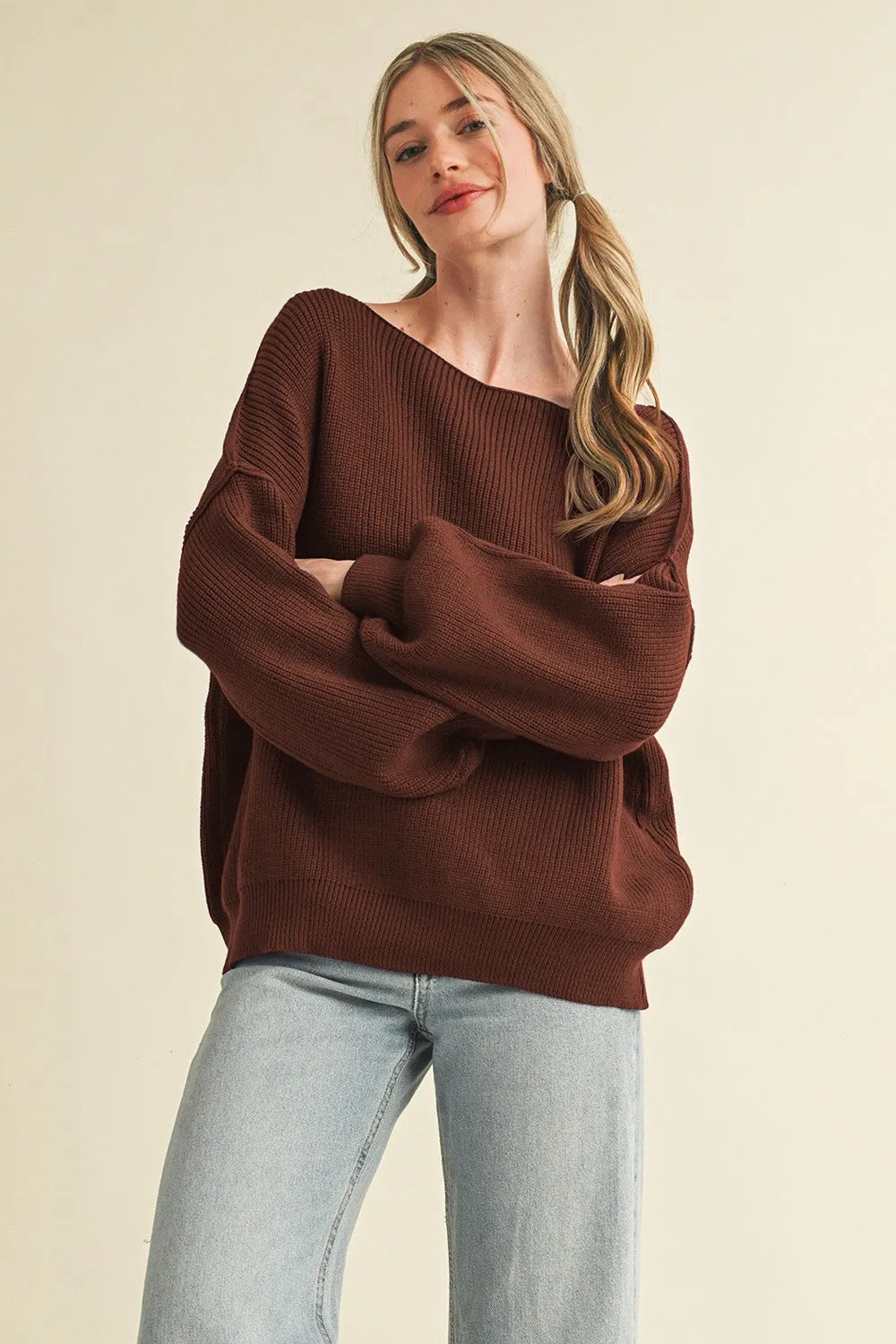 Brown Balloon Sleeve Boat Neck Knit Sweater sold by Pinkblush product image thumbnail 2