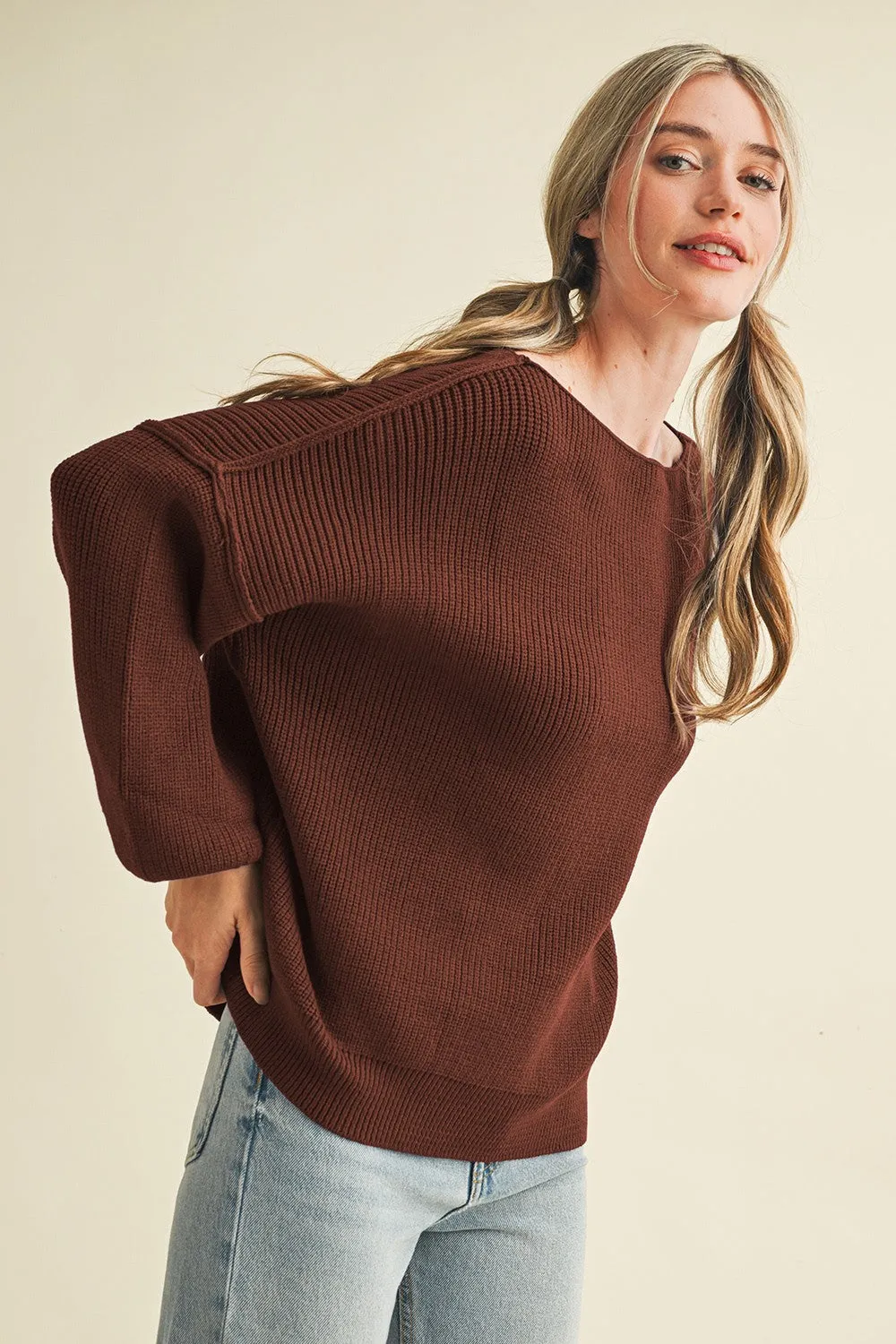 Brown Balloon Sleeve Boat Neck Knit Sweater sold by Pinkblush product image thumbnail 3