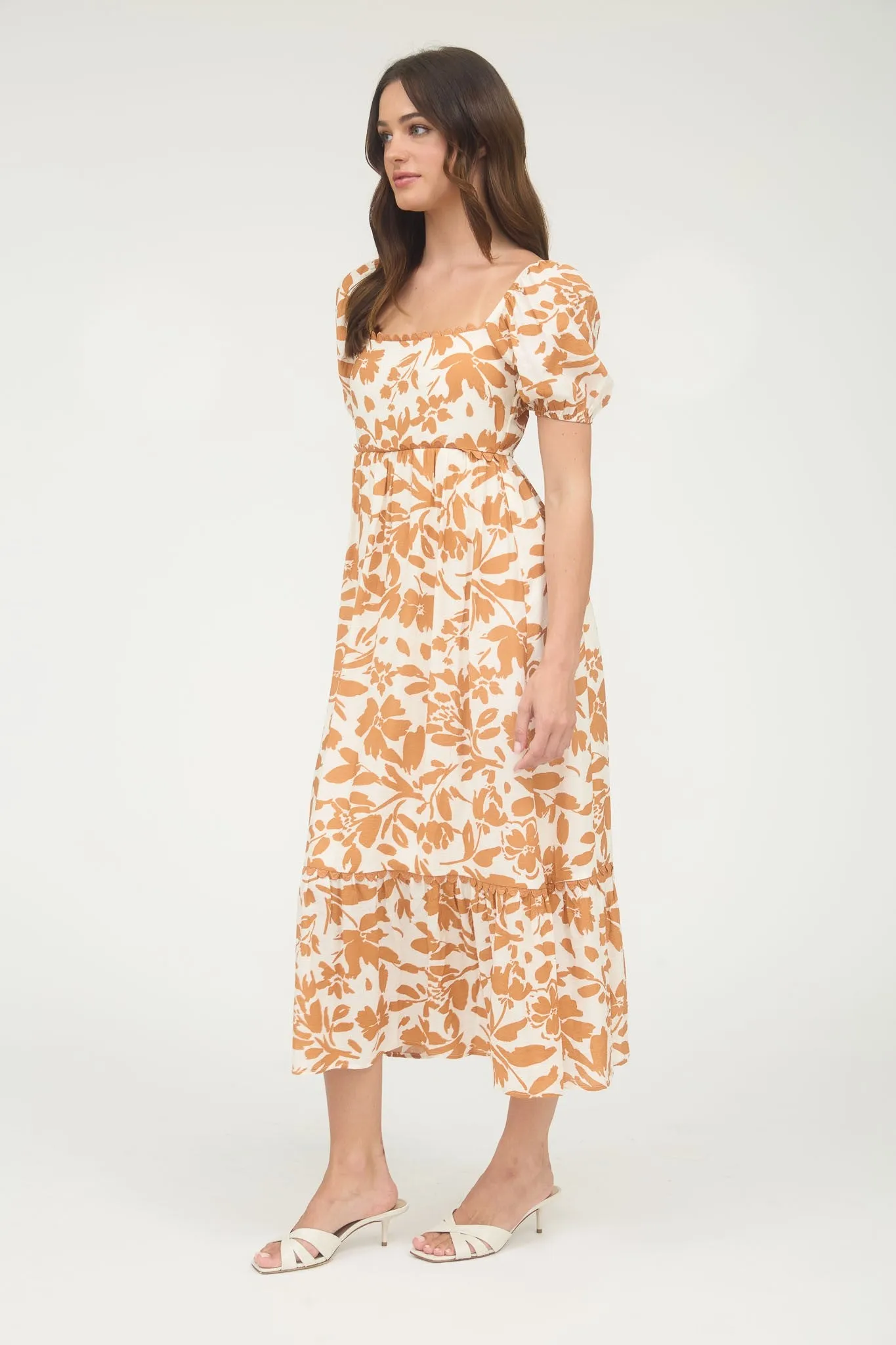Orange Floral Scallop Trim Puff Sleeve Midi Dress sold by Pinkblush product image thumbnail 2