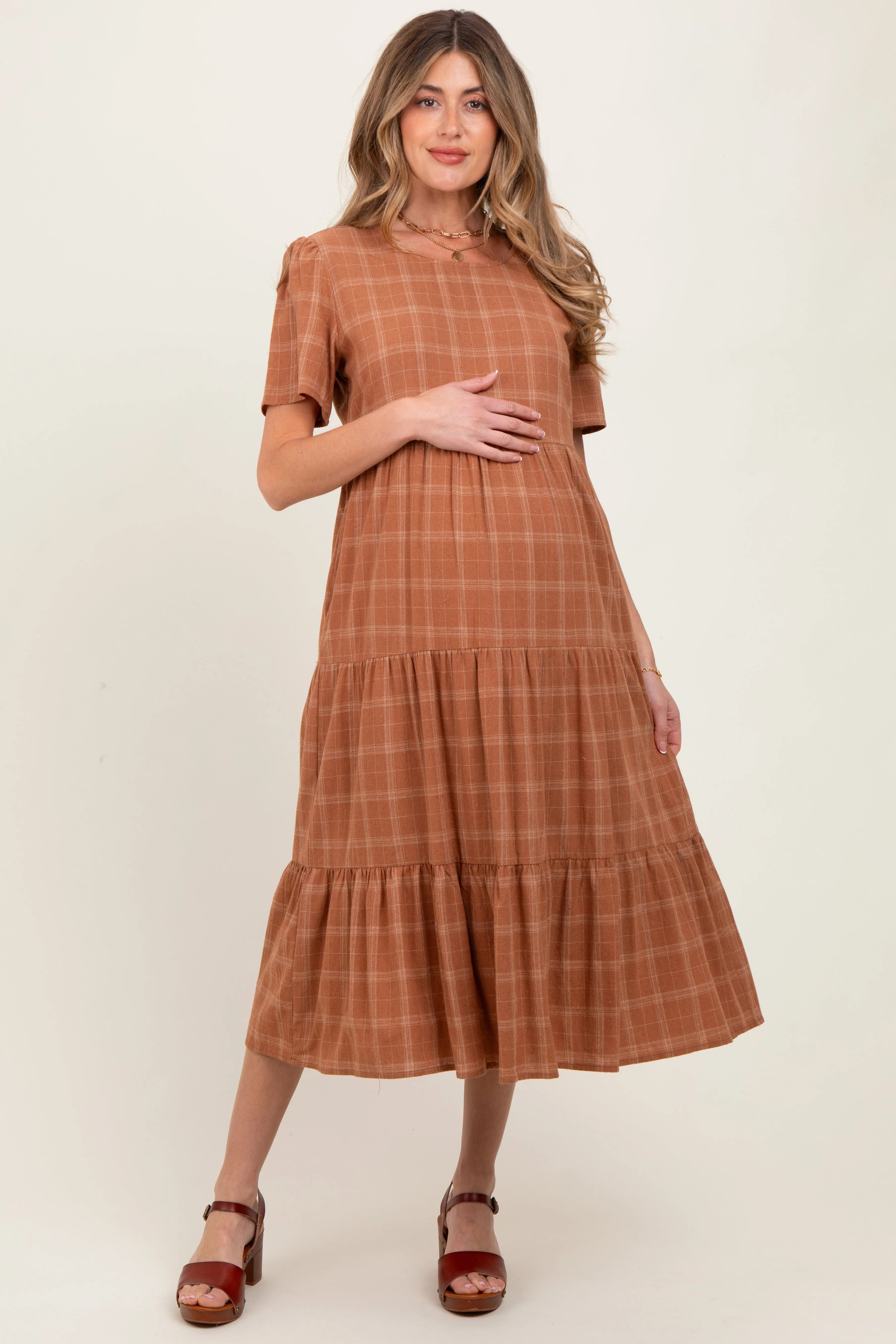 Rust Plaid Tiered Short Sleeve Maternity Dress sold by Pinkblush