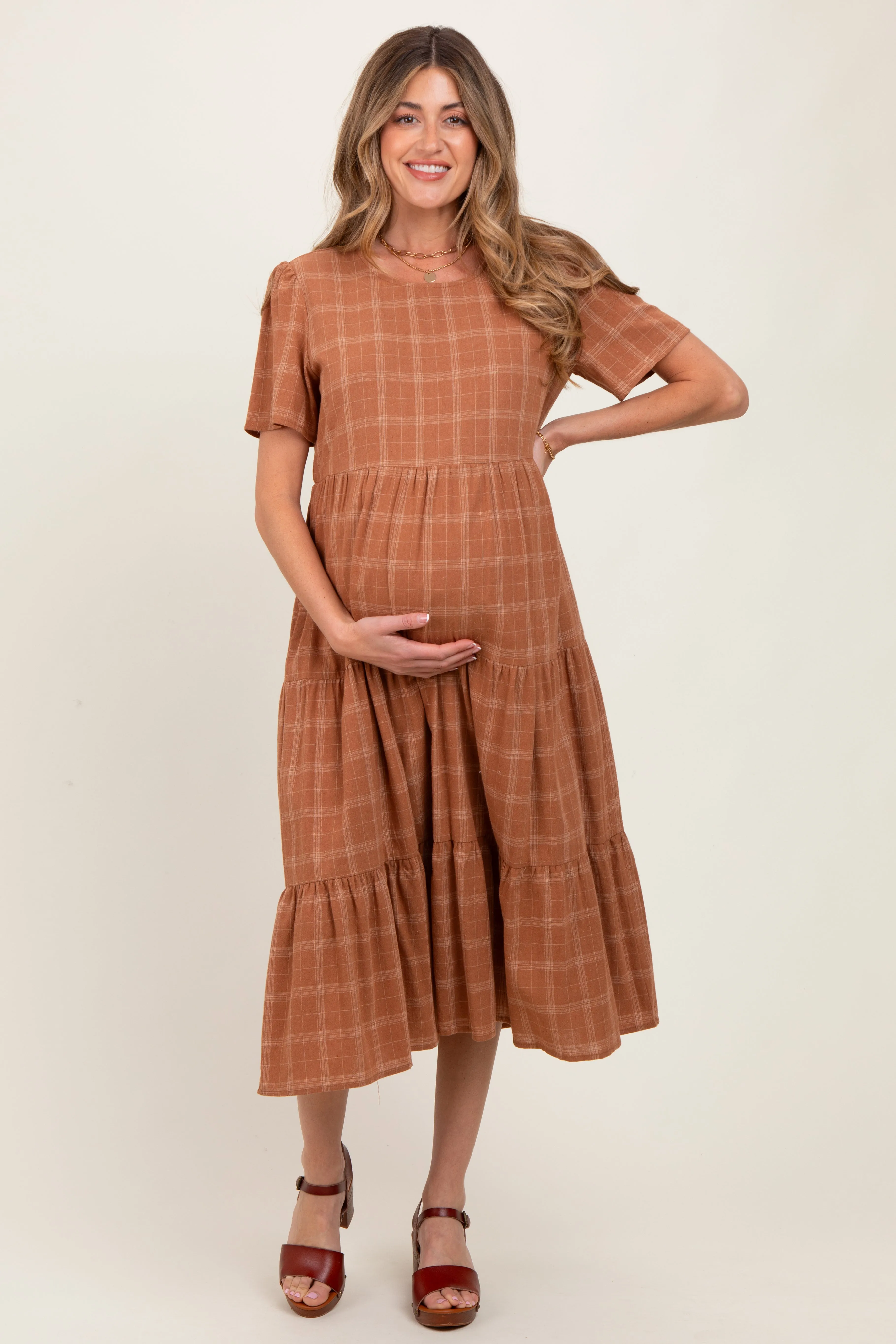 Rust Plaid Tiered Short Sleeve Maternity Dress sold by Pinkblush product image thumbnail 2