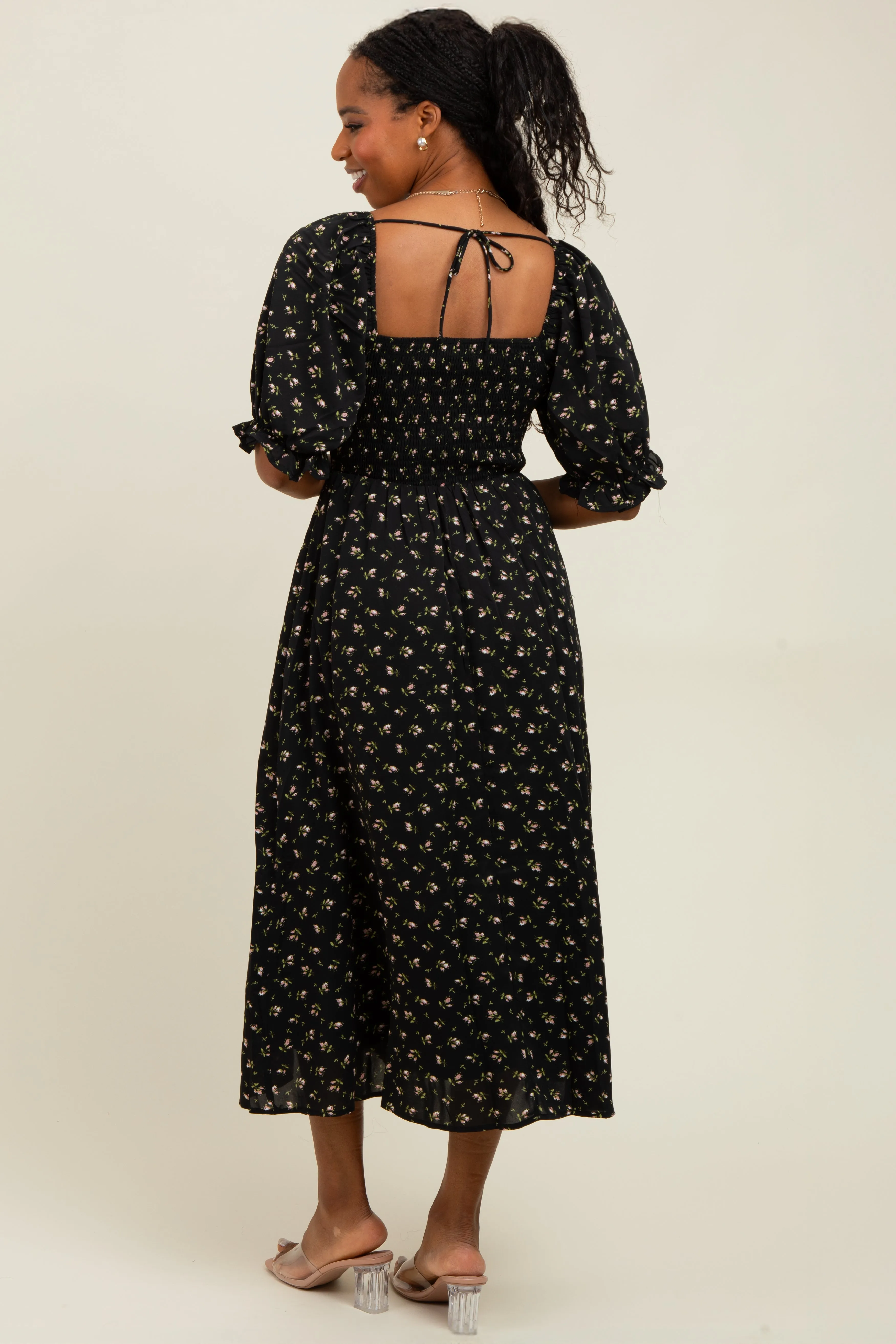 Black Floral Smocked Puff Sleeve Midi Dress sold by Pinkblush product image thumbnail 4