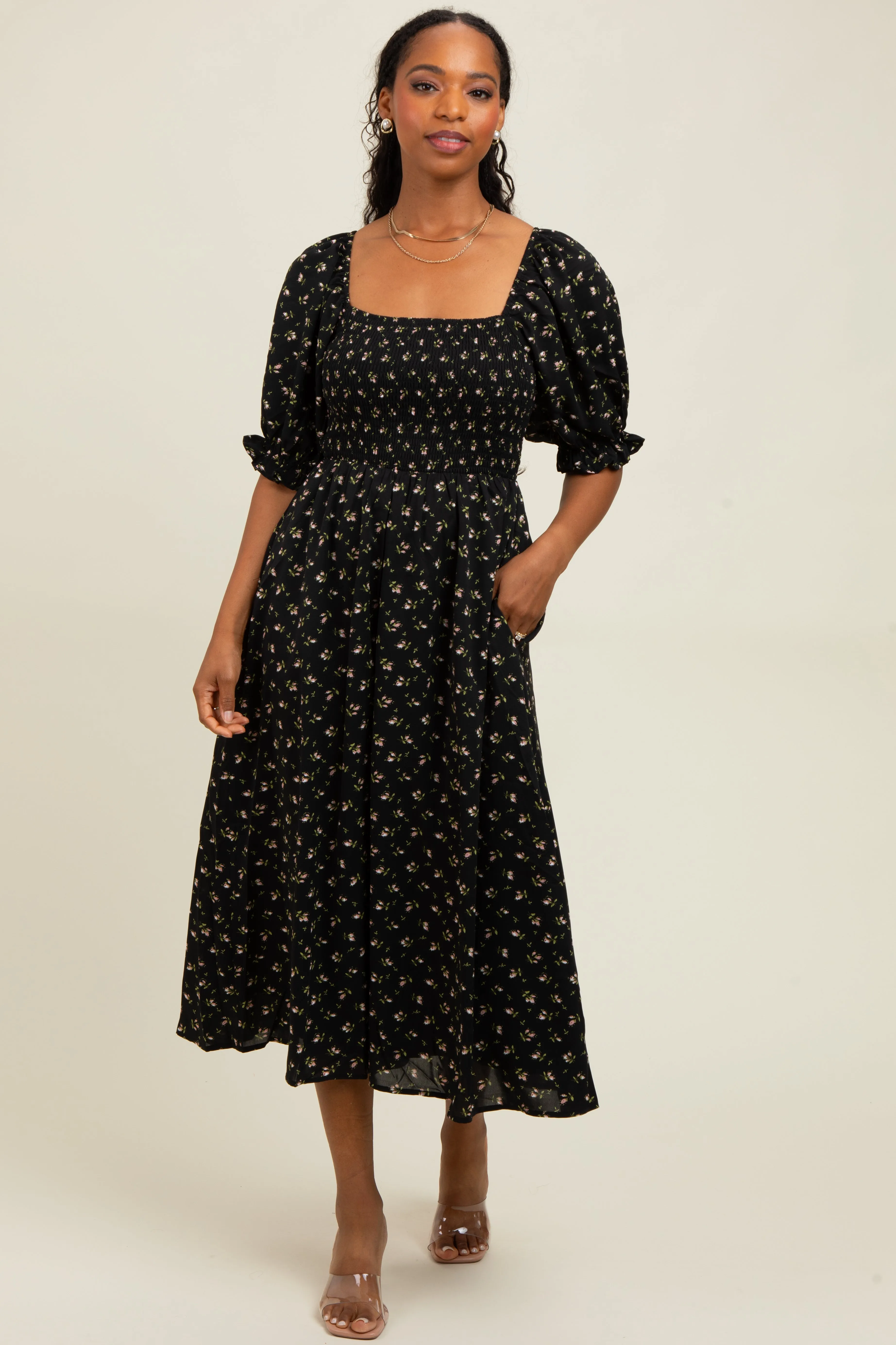 Black Floral Smocked Puff Sleeve Midi Dress sold by Pinkblush