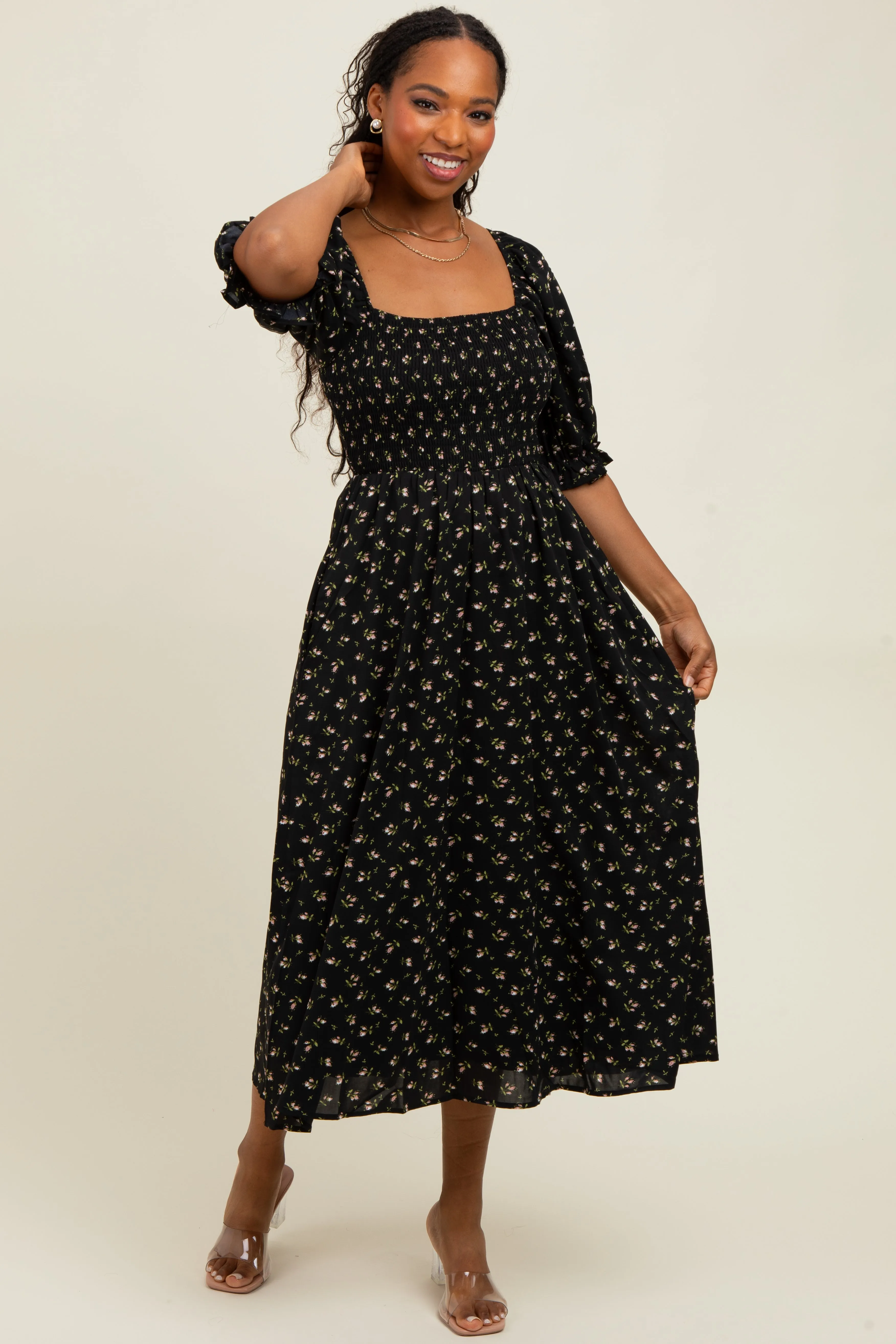 Black Floral Smocked Puff Sleeve Midi Dress sold by Pinkblush product image thumbnail 2