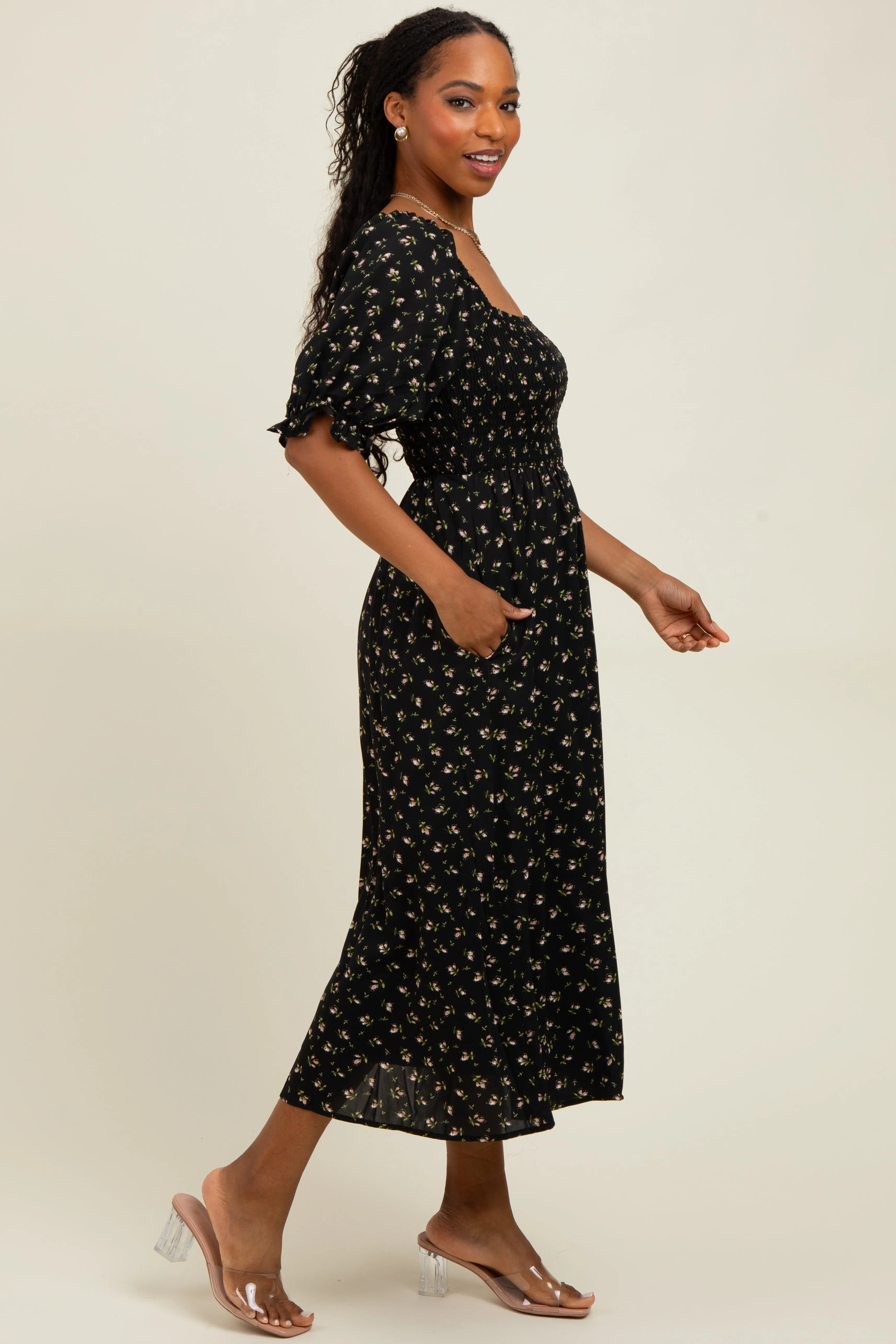Black Floral Smocked Puff Sleeve Midi Dress sold by Pinkblush product image thumbnail 3