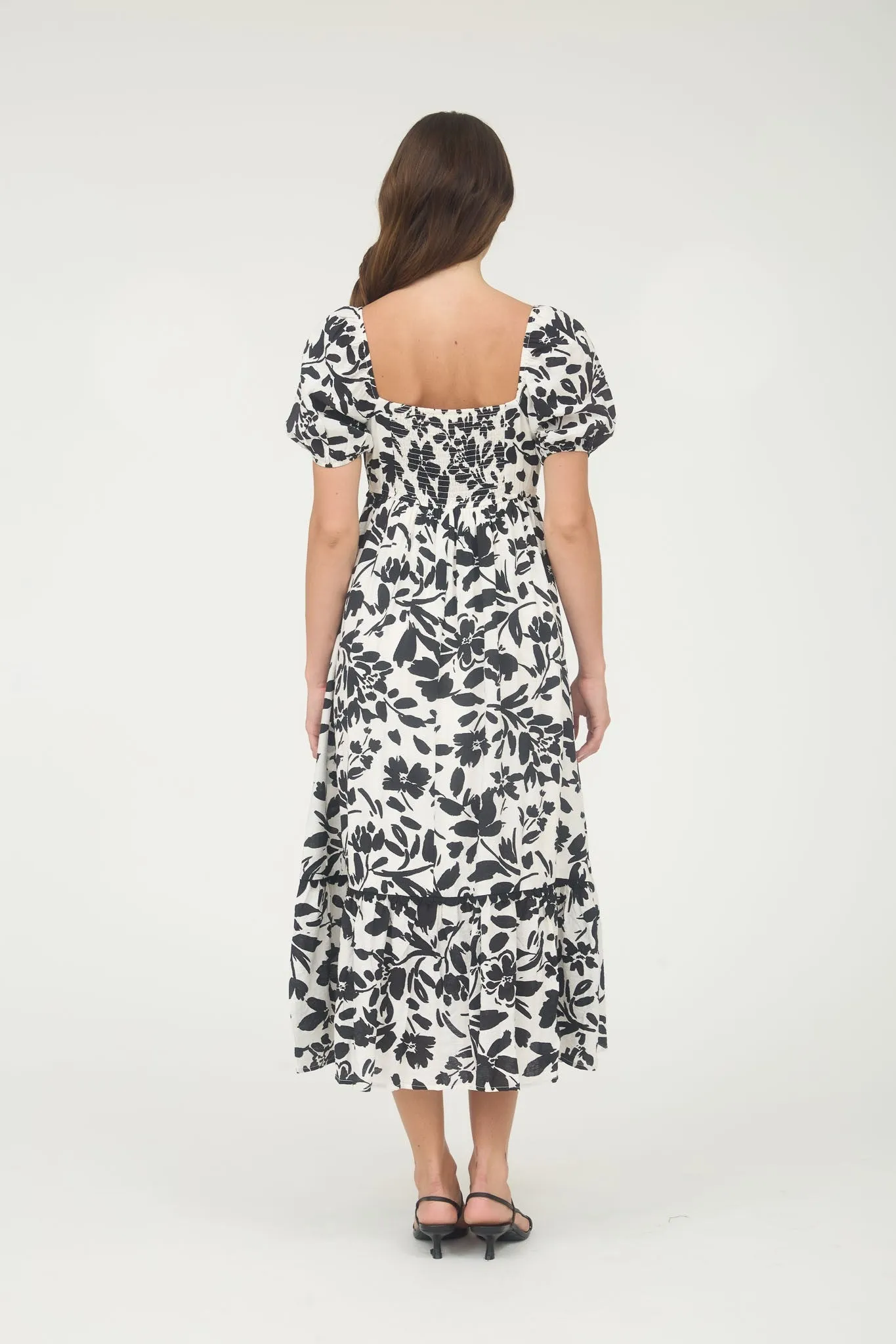 Black Floral Scallop Trim Puff Sleeve Midi Dress sold by Pinkblush product image thumbnail 4