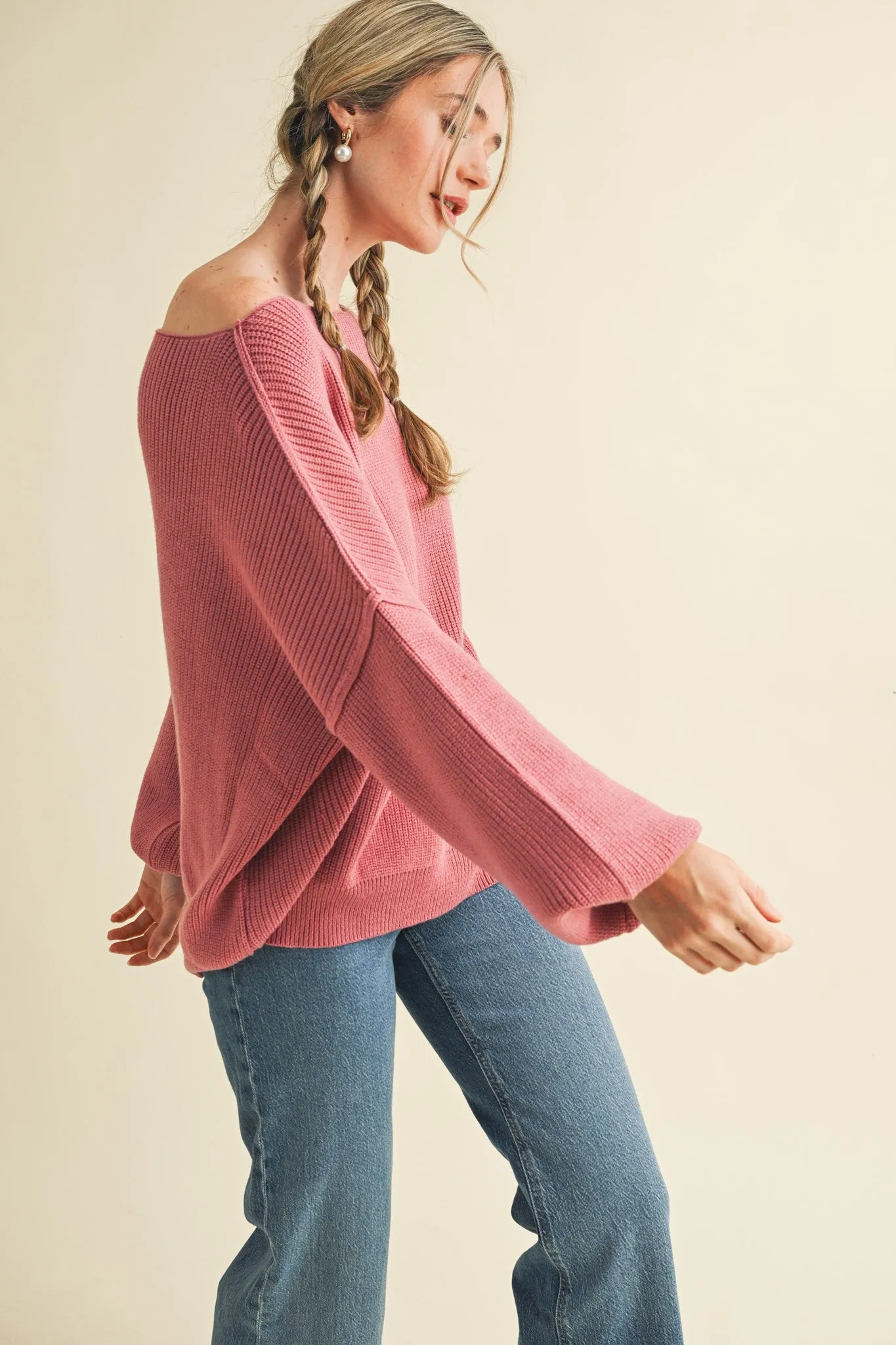 Mauve Balloon Sleeve Boat Neck Knit Sweater sold by Pinkblush product image thumbnail 4
