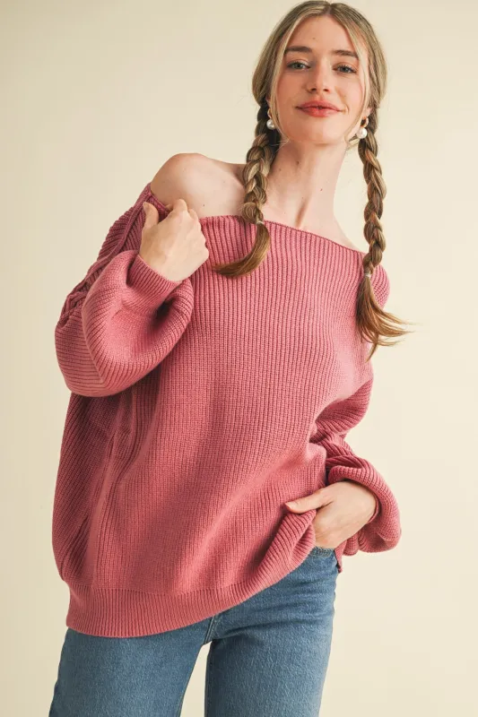 Mauve Balloon Sleeve Boat Neck Knit Sweater sold by Pinkblush