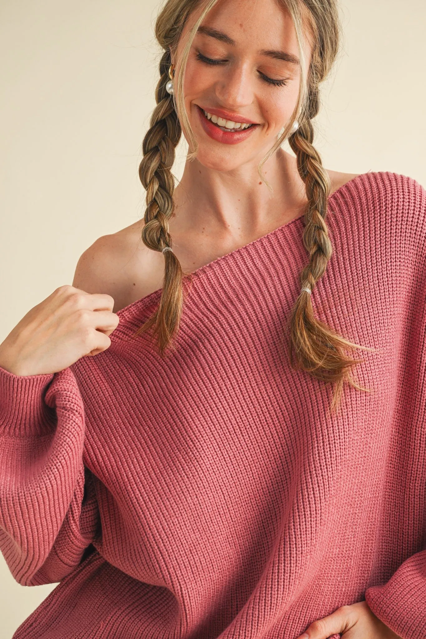 Mauve Balloon Sleeve Boat Neck Knit Sweater sold by Pinkblush product image thumbnail 2