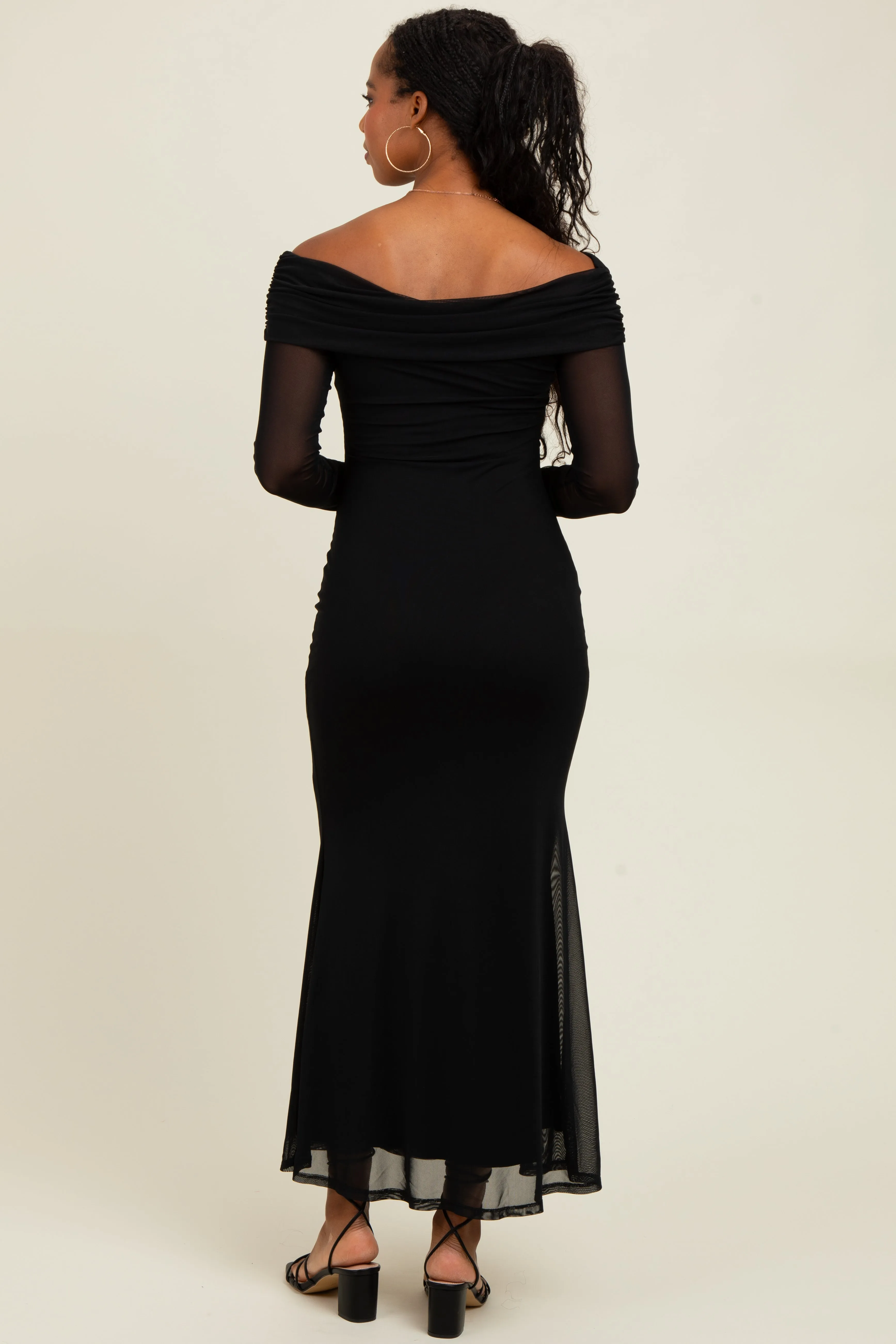 Black Mesh Overlay Off Shoulder Long Sleeve Midi Dress sold by Pinkblush product image thumbnail 3