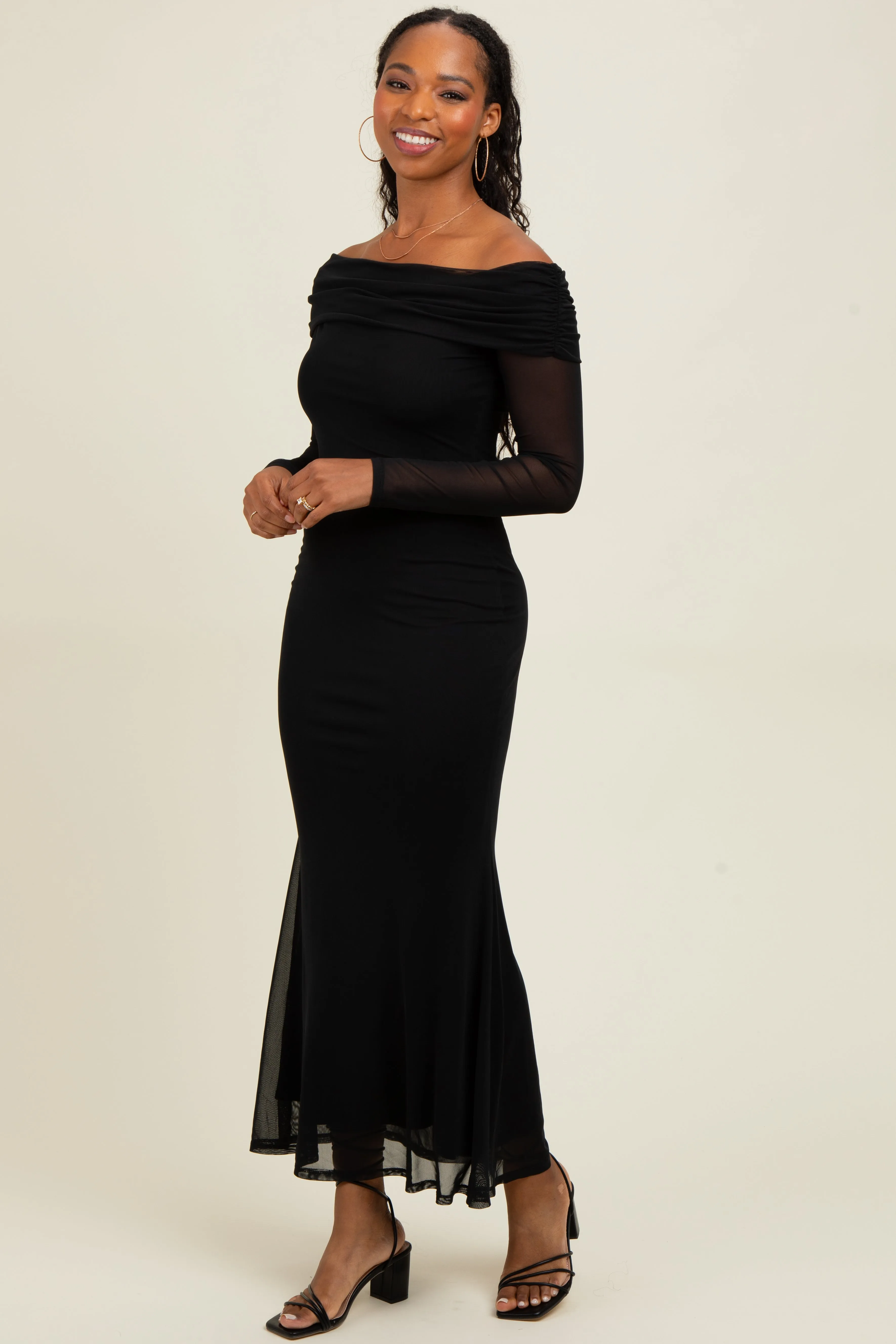 Black Mesh Overlay Off Shoulder Long Sleeve Midi Dress sold by Pinkblush product image thumbnail 2