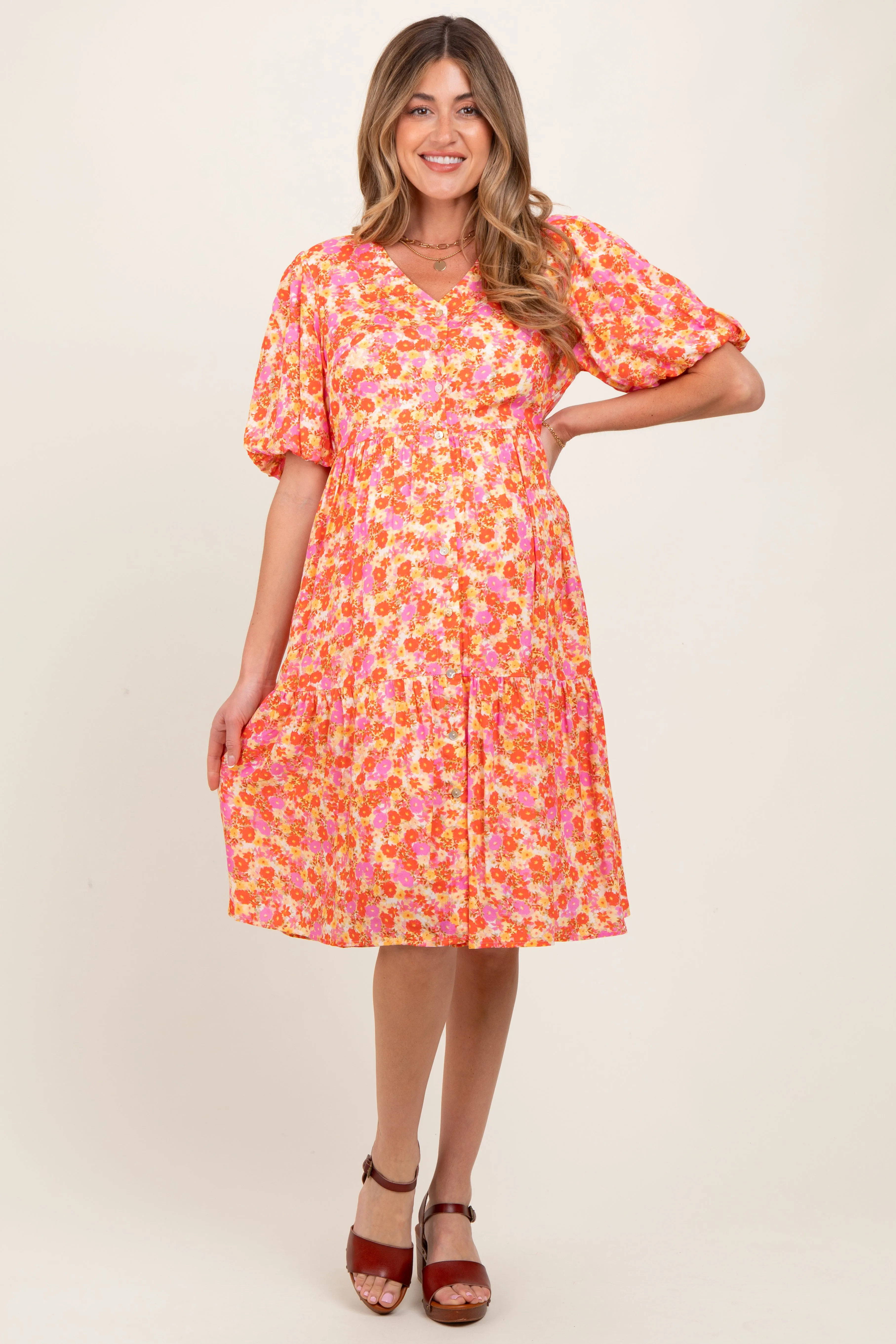 Pink Floral Button Down V-Neck Short Sleeve Maternity Dress sold by Pinkblush