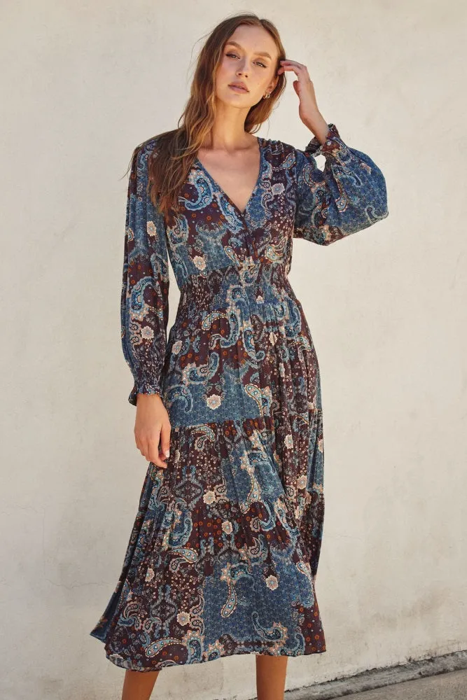 Teal Paisley Print Smocked Waist Tiered Midi Dress sold by Pinkblush product image thumbnail 4