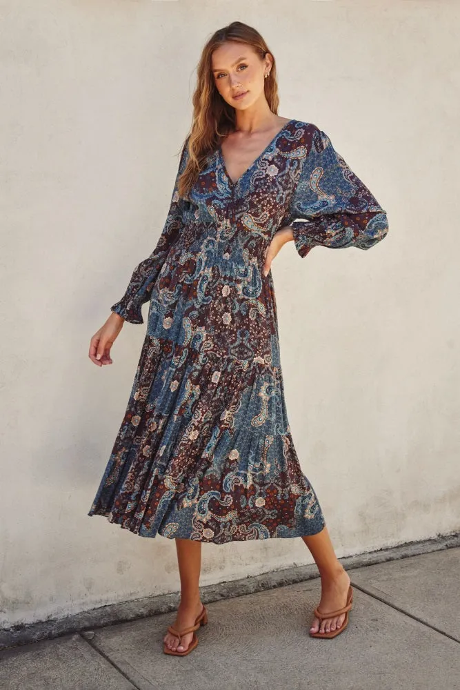 Teal Paisley Print Smocked Waist Tiered Midi Dress sold by Pinkblush