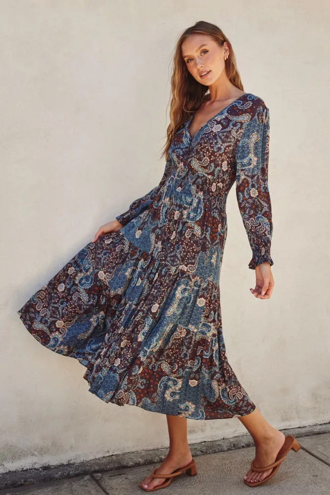 Teal Paisley Print Smocked Waist Tiered Midi Dress sold by Pinkblush product image thumbnail 2