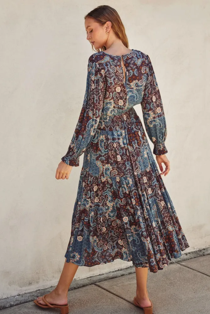 Teal Paisley Print Smocked Waist Tiered Midi Dress sold by Pinkblush product image thumbnail 3