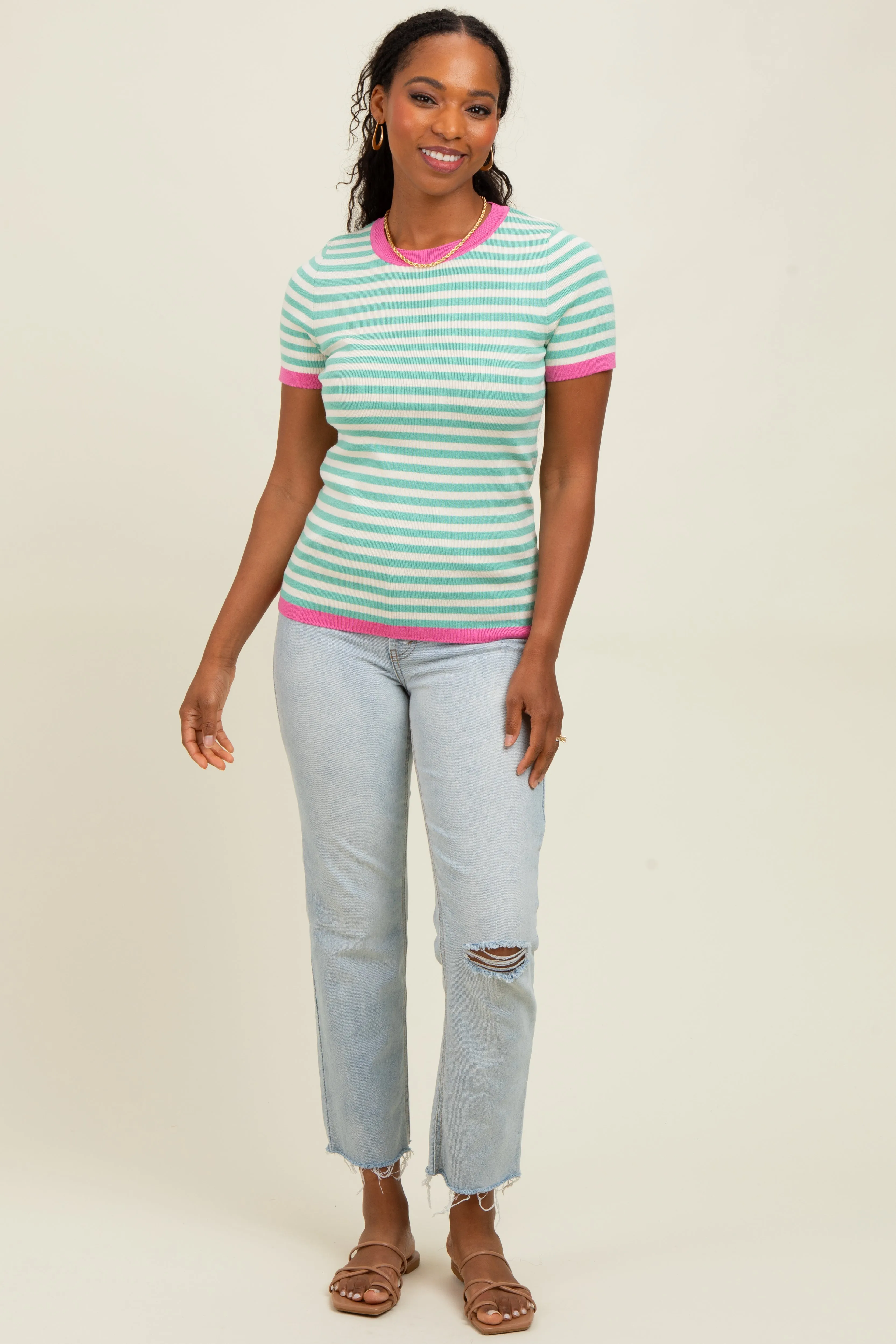 Mint Striped Knit Contrast Trim Top sold by Pinkblush product image thumbnail 2