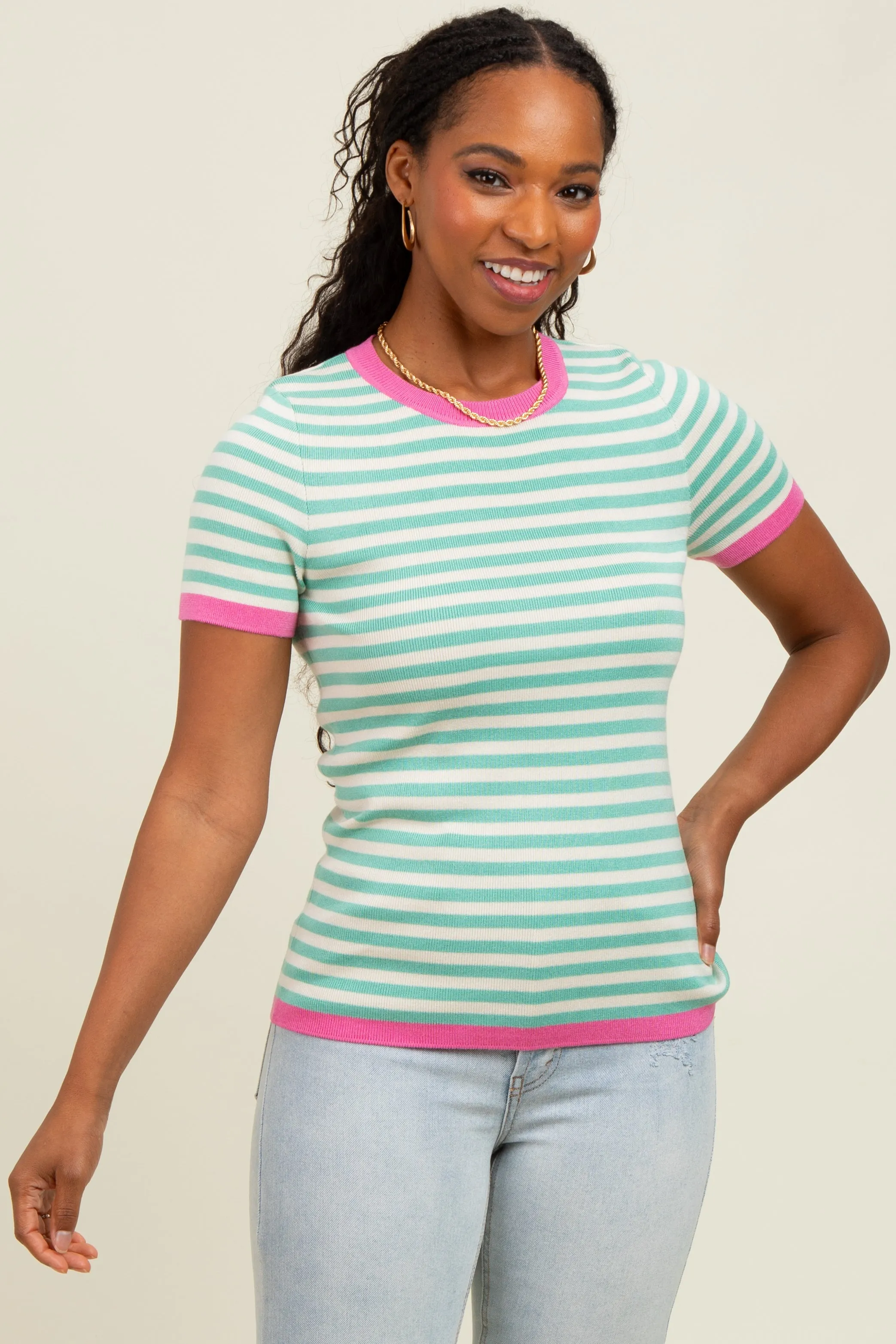 Mint Striped Knit Contrast Trim Top sold by Pinkblush