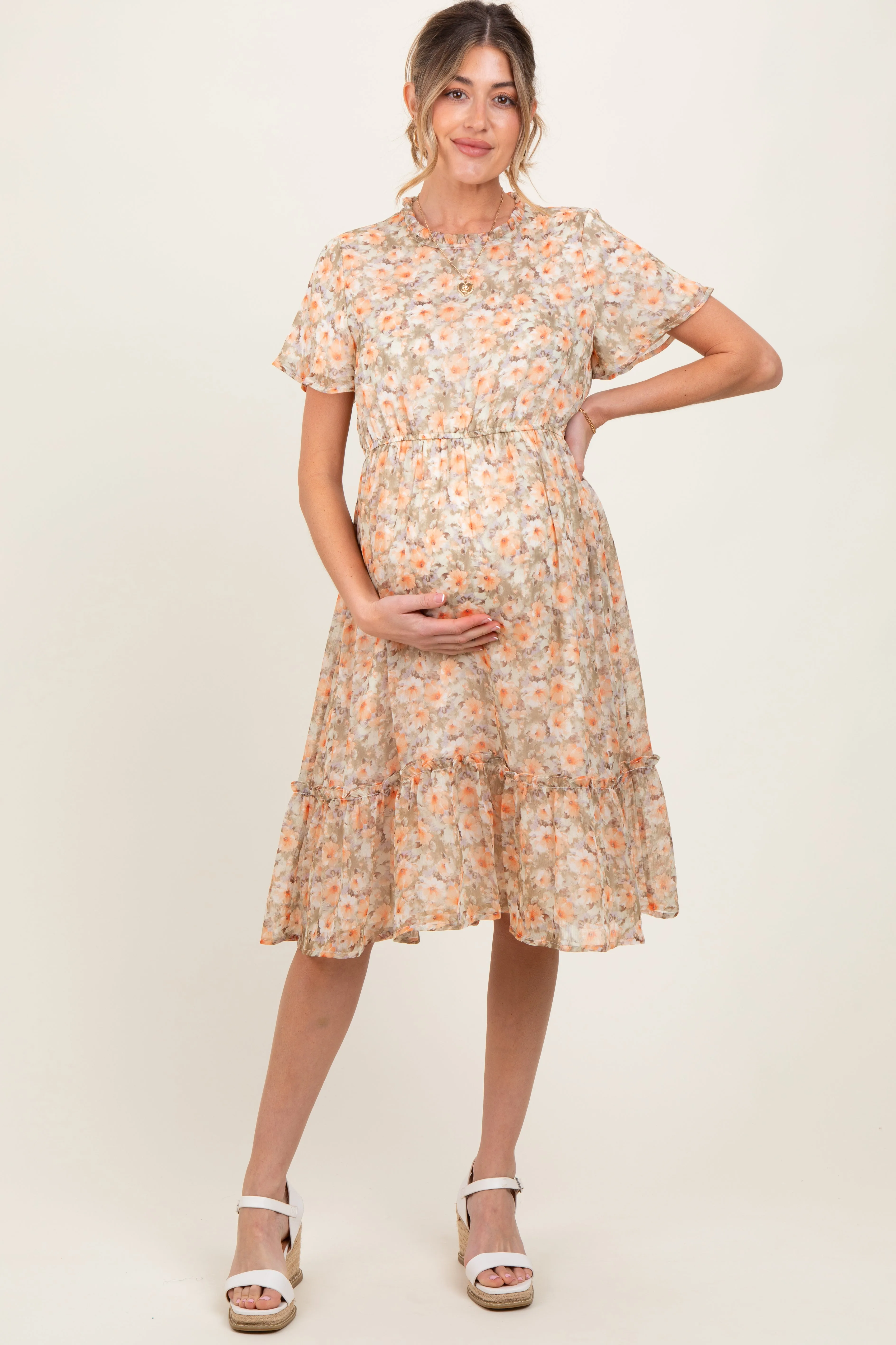 Light Olive Floral Ruffle Mock Neck Maternity Midi Dress sold by Pinkblush