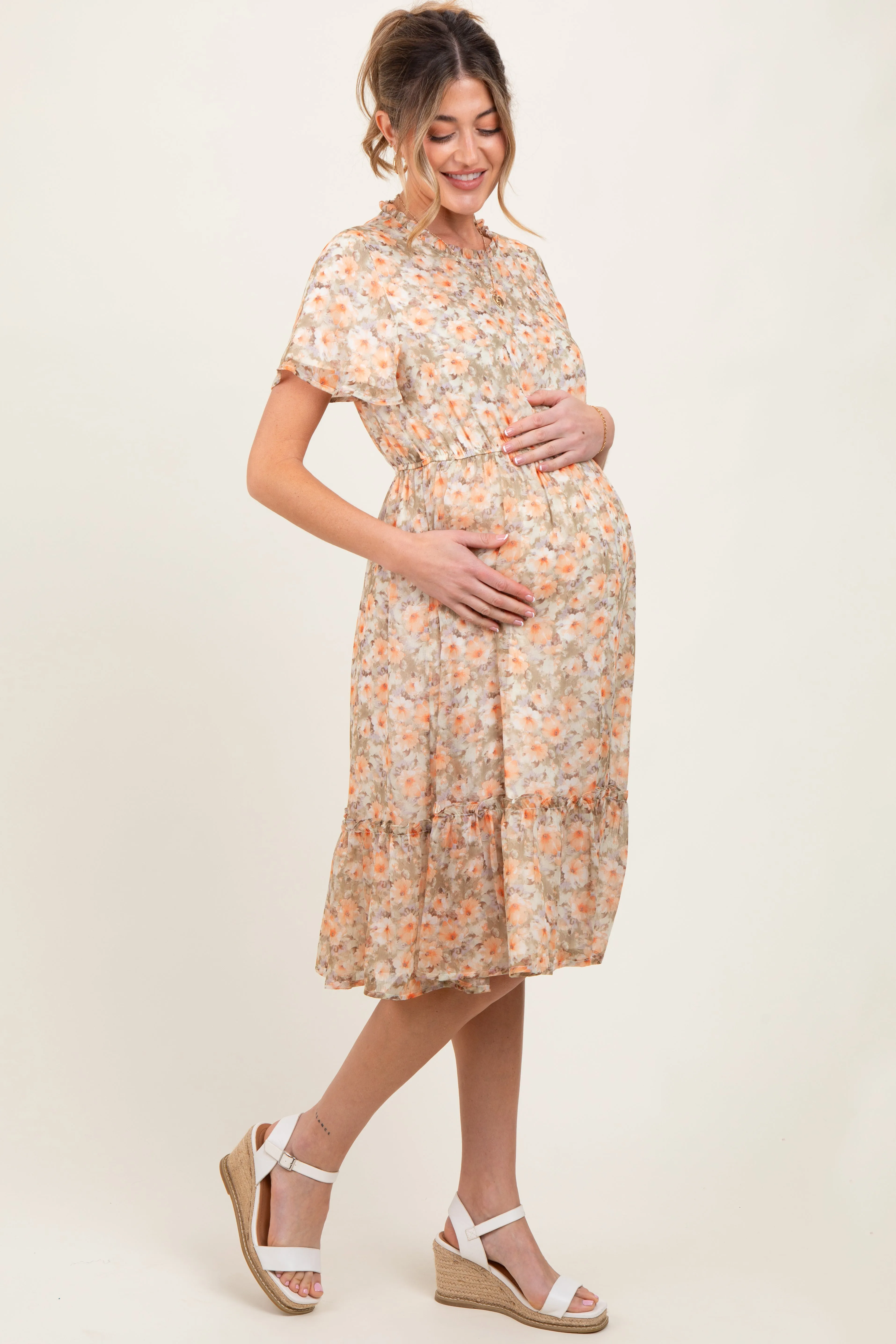Light Olive Floral Ruffle Mock Neck Maternity Midi Dress sold by Pinkblush product image thumbnail 2