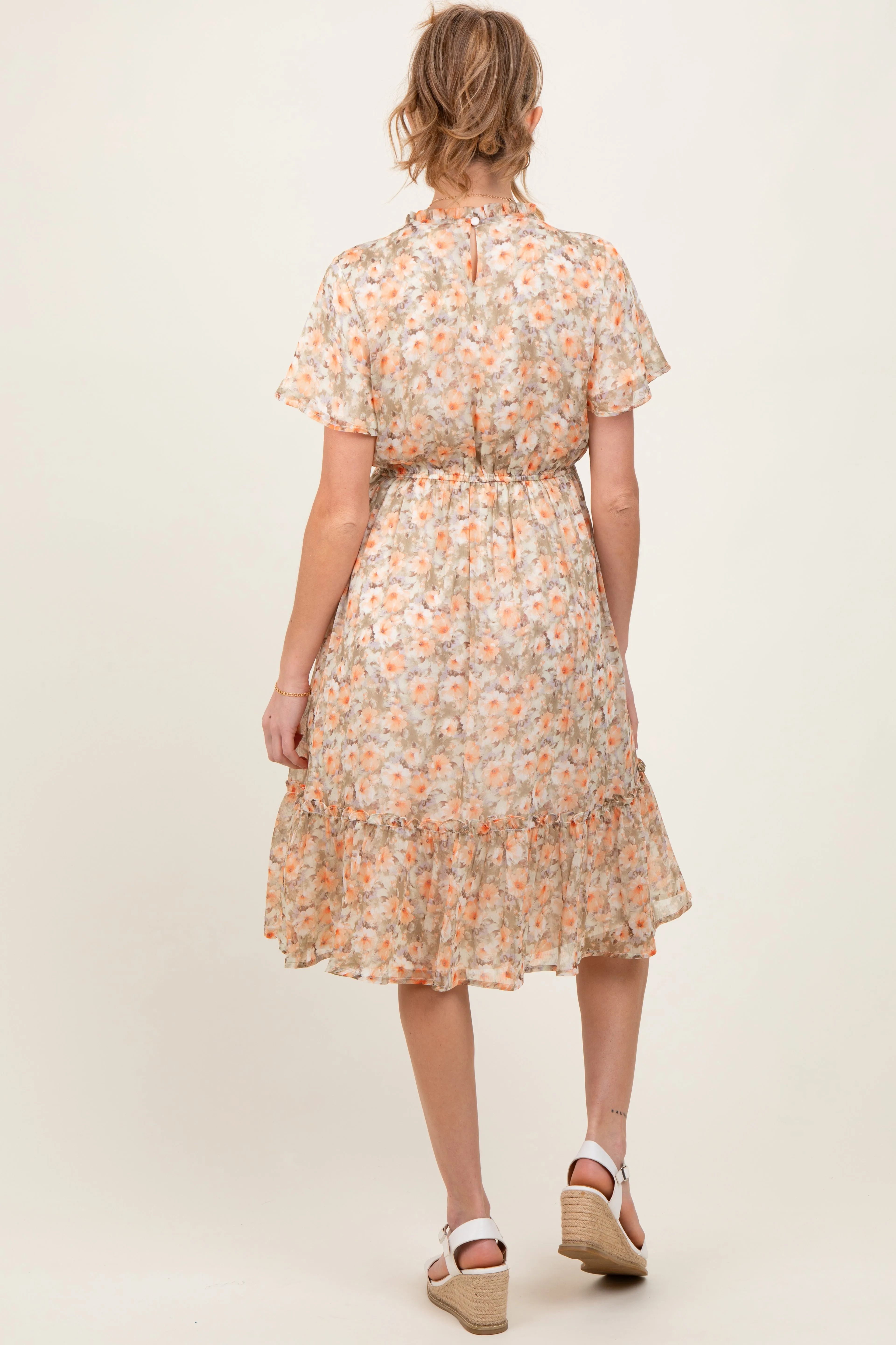 Light Olive Floral Ruffle Mock Neck Maternity Midi Dress sold by Pinkblush product image thumbnail 3