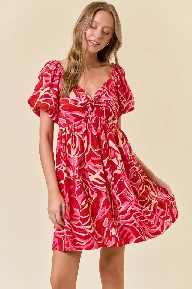 Red Printed Twisted Front Mini Dress sold by Pinkblush