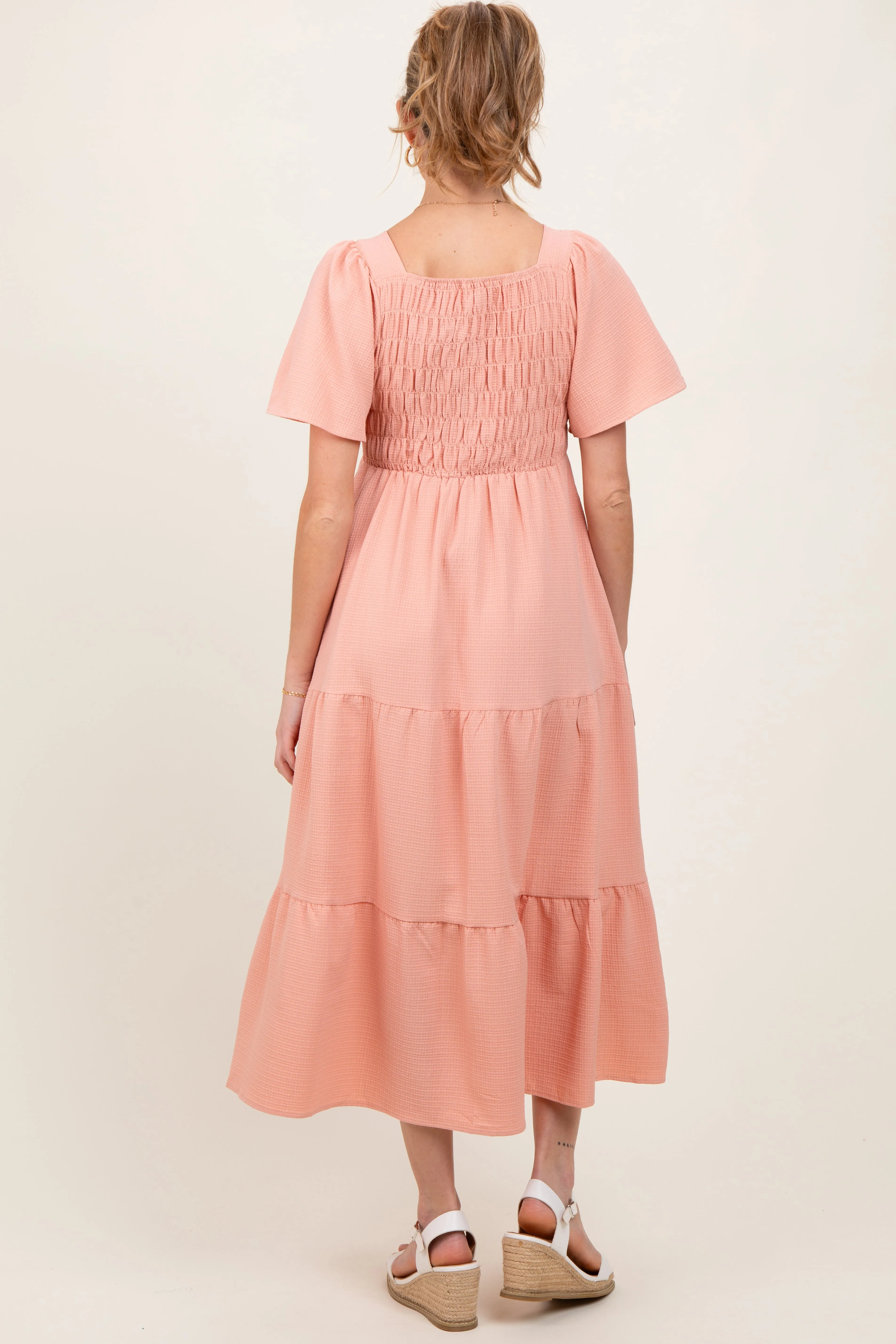 Peach Sweetheart Neck Short Puff Sleeve Tiered Maternity Midi Dress sold by Pinkblush product image thumbnail 4