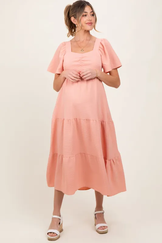 Peach Sweetheart Neck Short Puff Sleeve Tiered Maternity Midi Dress sold by Pinkblush