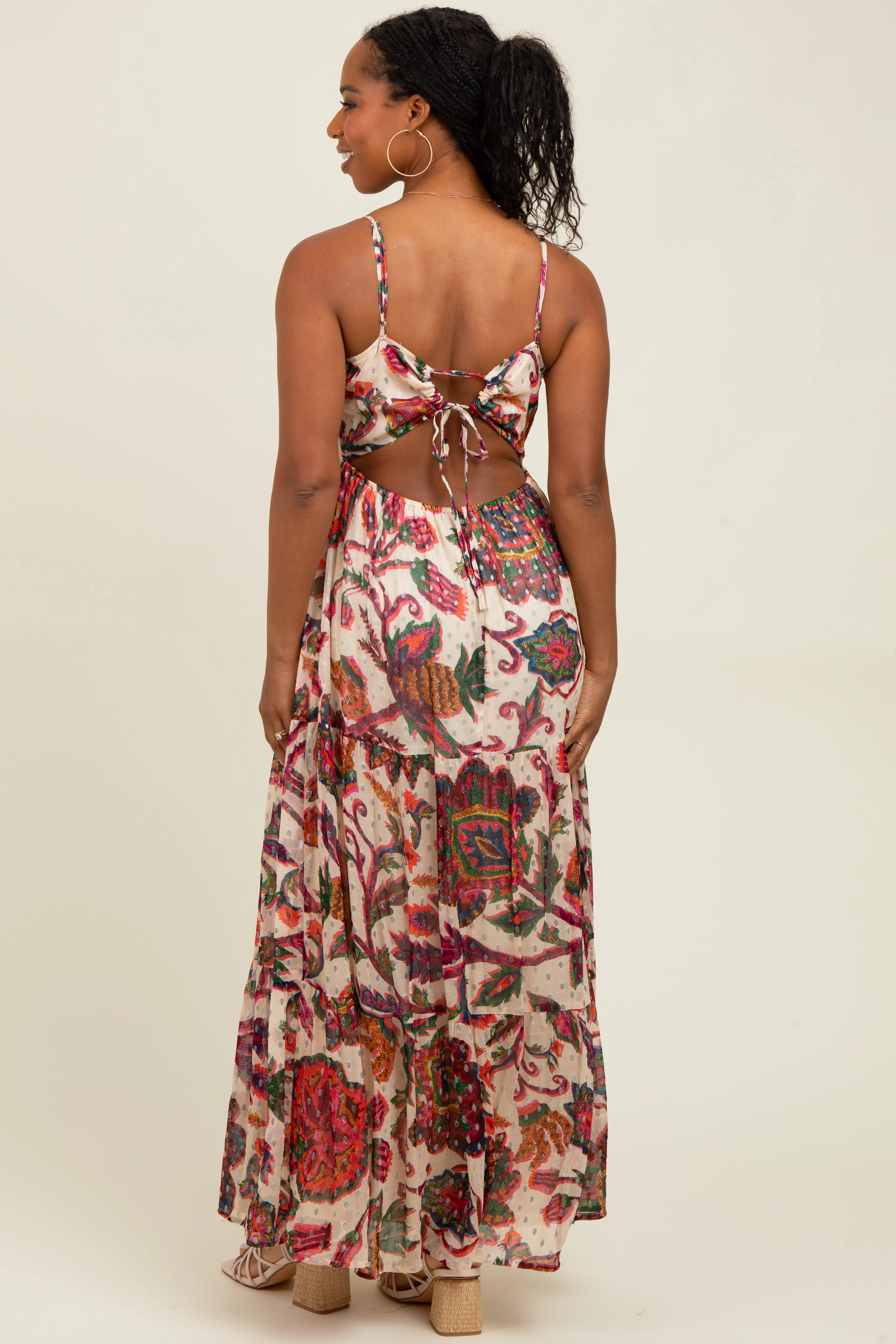 Cream Floral Back Cutout Tie Back Maxi Dress sold by Pinkblush product image thumbnail 4