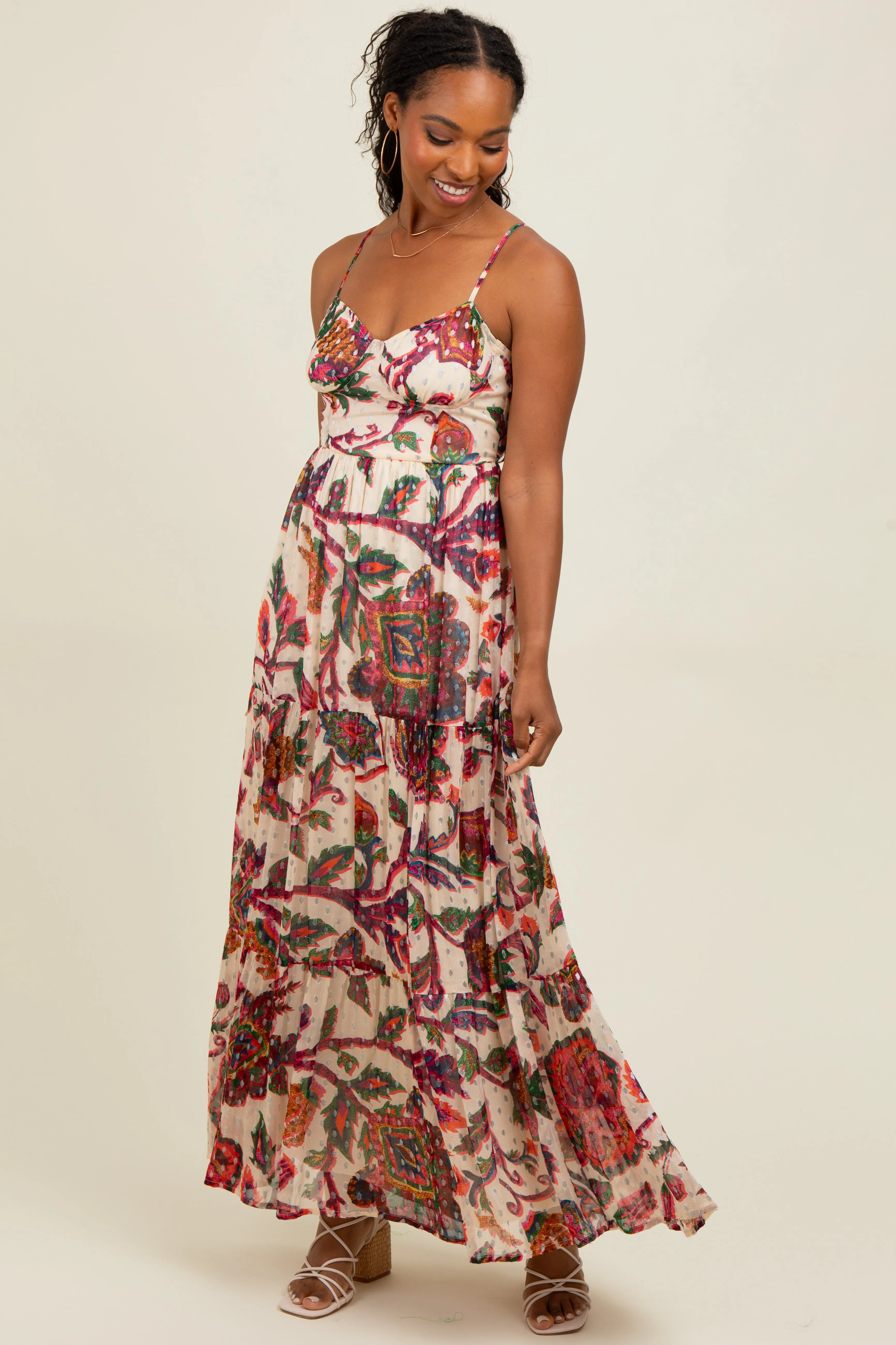 Cream Floral Back Cutout Tie Back Maxi Dress sold by Pinkblush