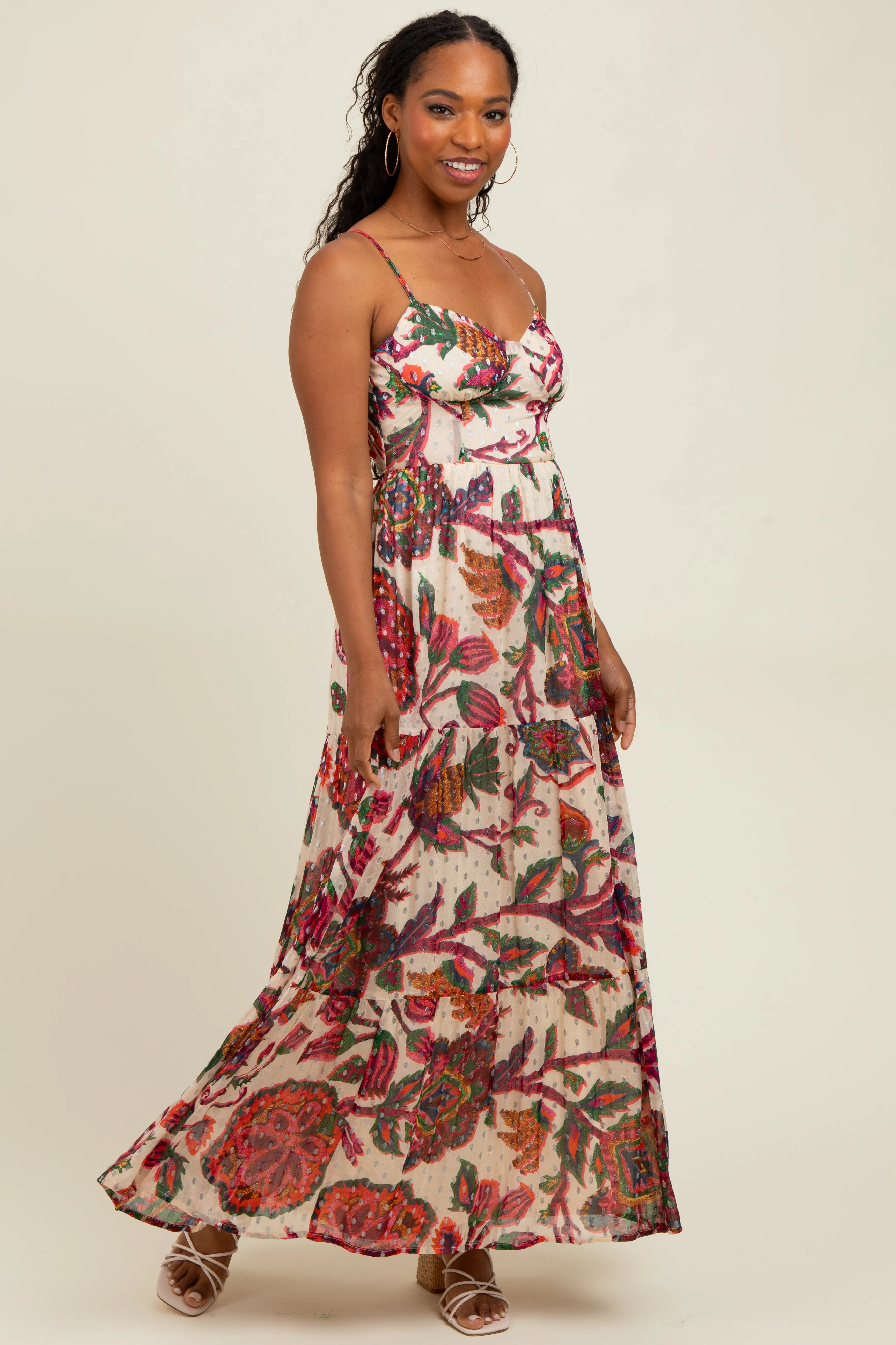 Cream Floral Back Cutout Tie Back Maxi Dress sold by Pinkblush product image thumbnail 2