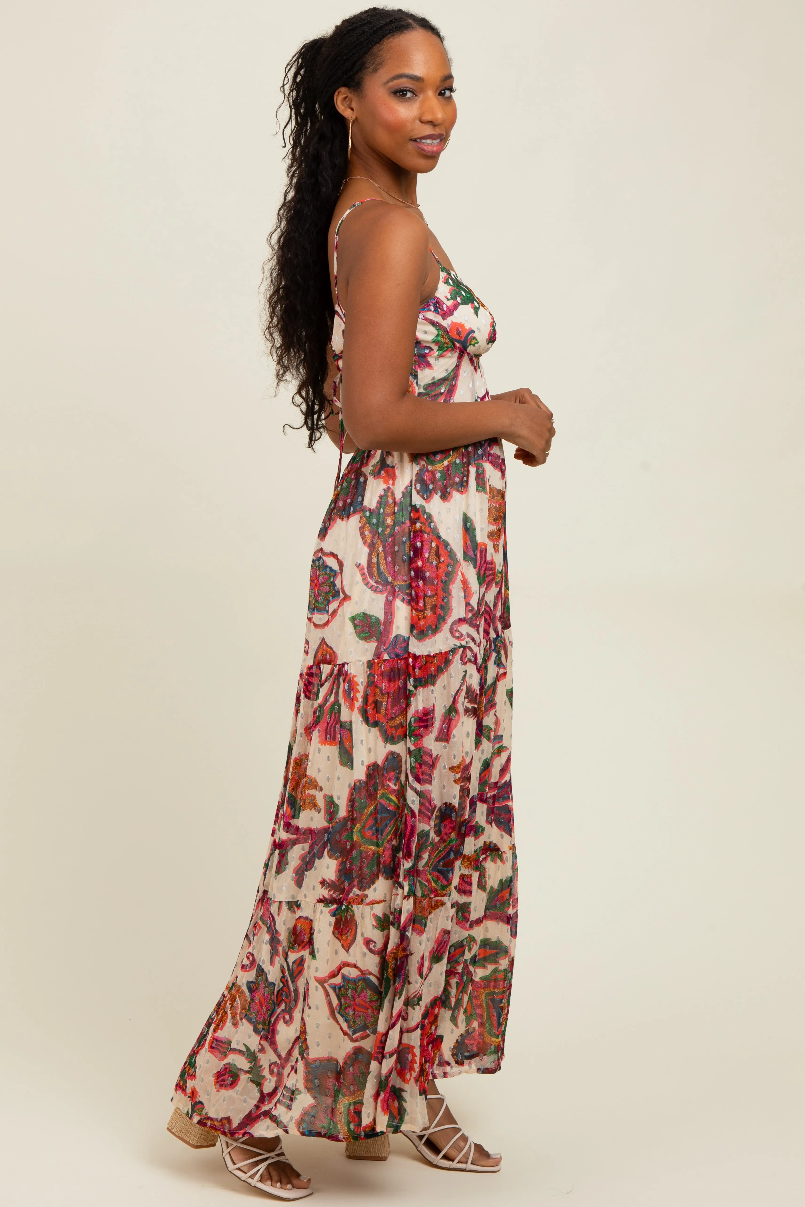 Cream Floral Back Cutout Tie Back Maxi Dress sold by Pinkblush product image thumbnail 3