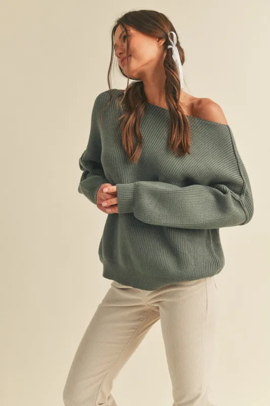 Olive Balloon Sleeve Boat Neck Knit Sweater sold by Pinkblush
