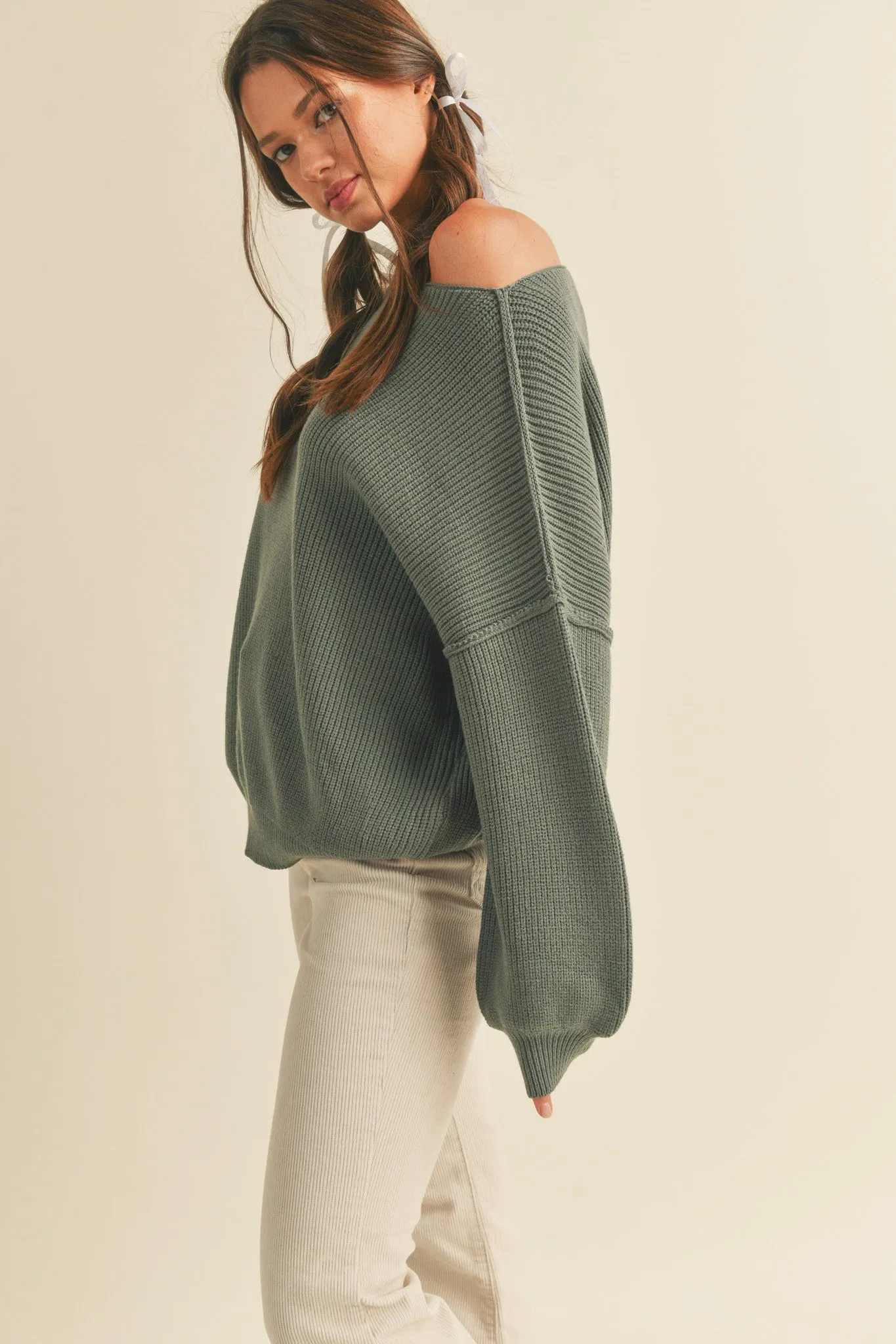 Olive Balloon Sleeve Boat Neck Knit Sweater sold by Pinkblush product image thumbnail 2