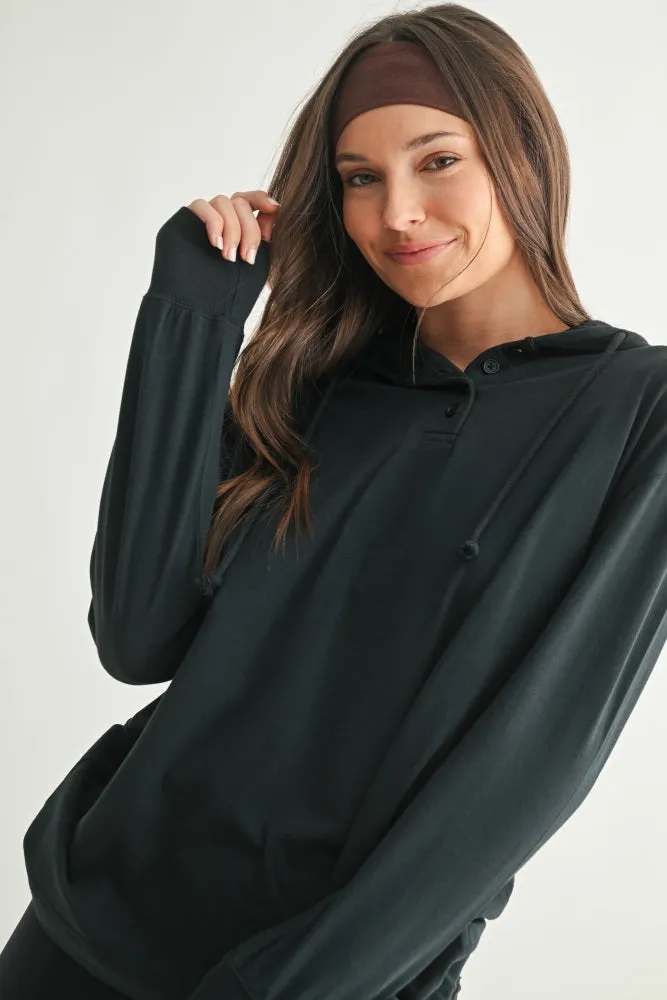 Navy Button Up Hooded Long Sleeve Top sold by Pinkblush