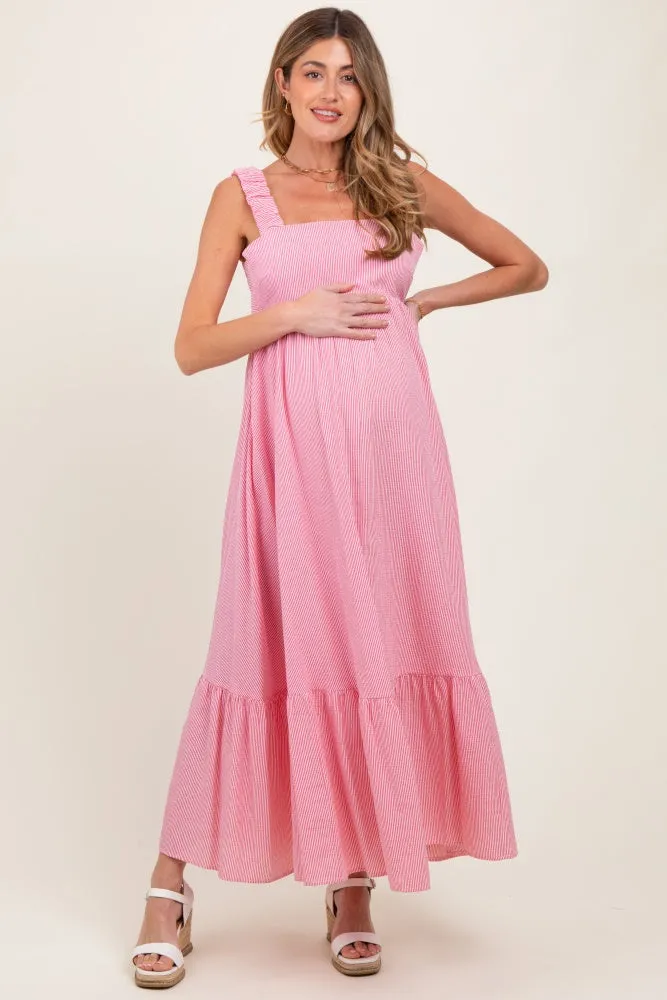 Red Scrunch Strap Back Tie Ruffle Maternity Maxi Dress sold by Pinkblush