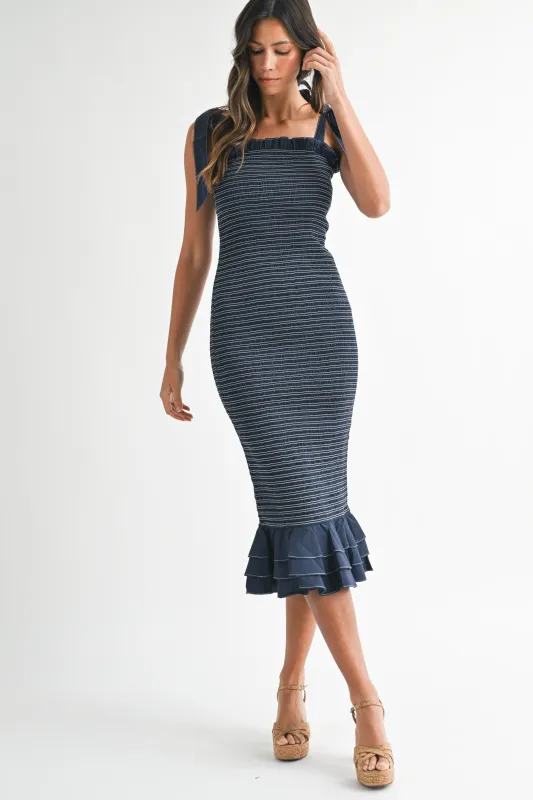 Navy Striped Smocked Shoulder Tie Mid Dress sold by Pinkblush