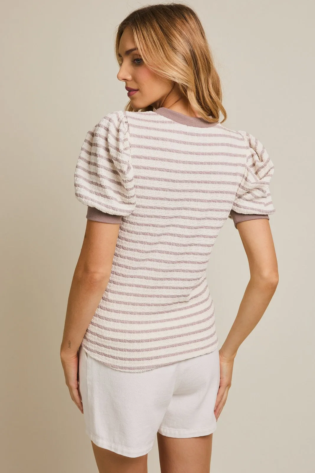 Ivory Striped Puff Short Sleeve Top sold by Pinkblush product image thumbnail 3
