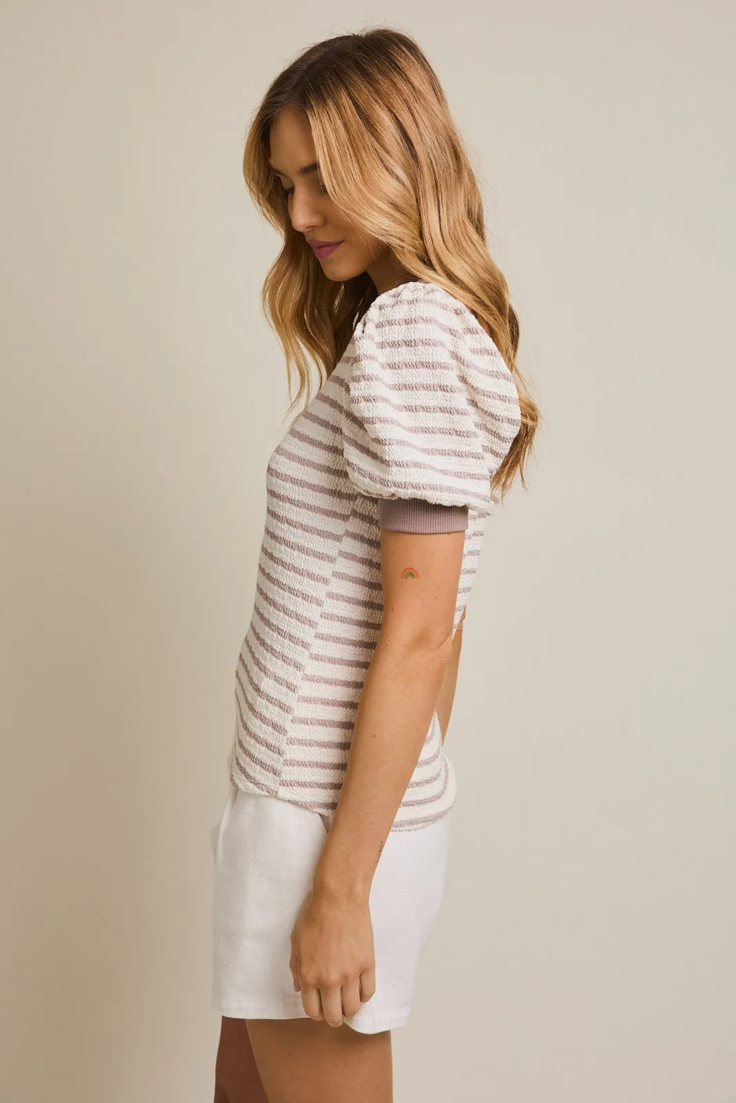 Ivory Striped Puff Short Sleeve Top sold by Pinkblush product image thumbnail 2