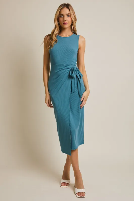 Teal Sleeveless Wrap Tie Waist Midi Dress sold by Pinkblush