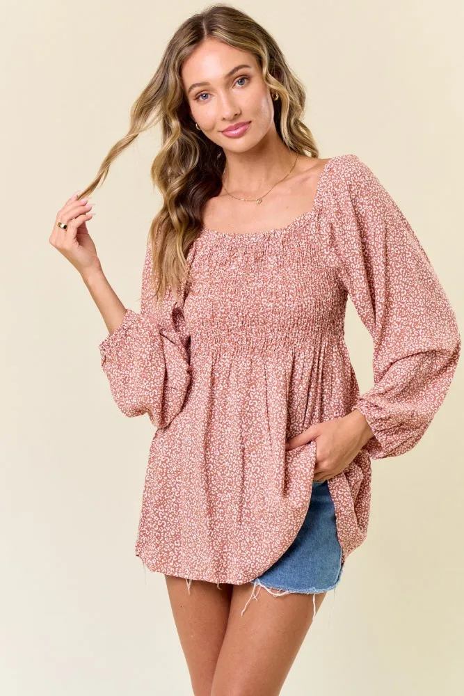 Mauve Printed Smocked Tunic Top sold by Pinkblush