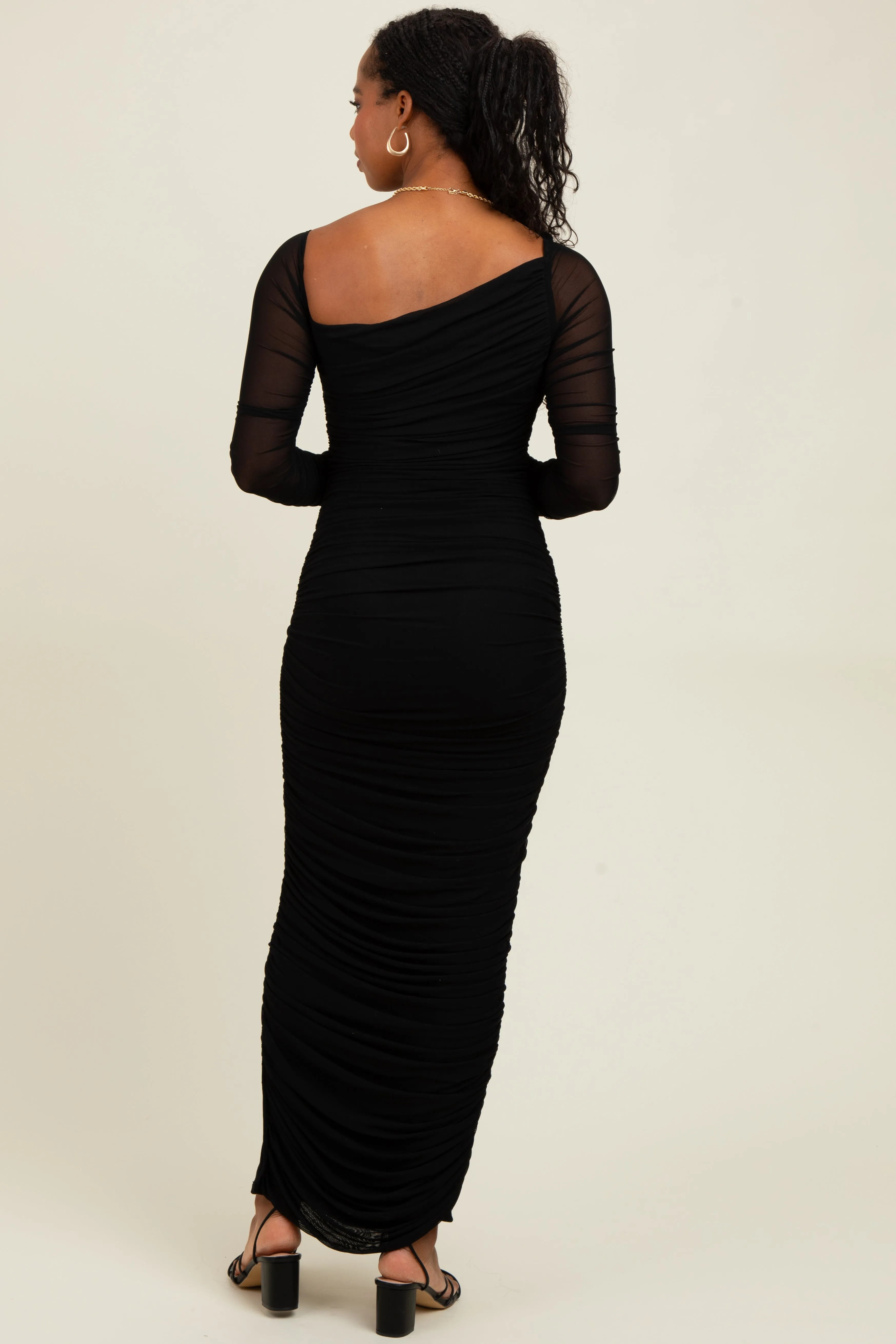 Black Ruched Mesh One Shoulder Long Sleeve Maxi Dress sold by Pinkblush product image thumbnail 4