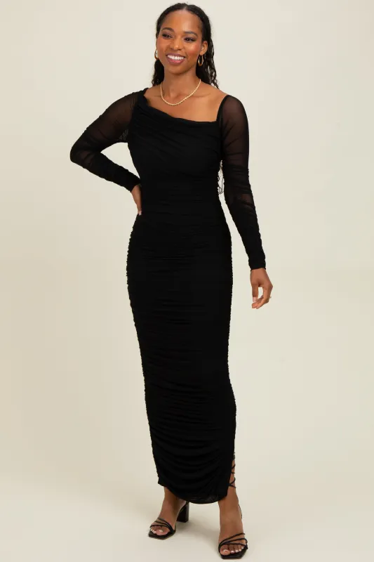 Black Ruched Mesh One Shoulder Long Sleeve Maxi Dress sold by Pinkblush