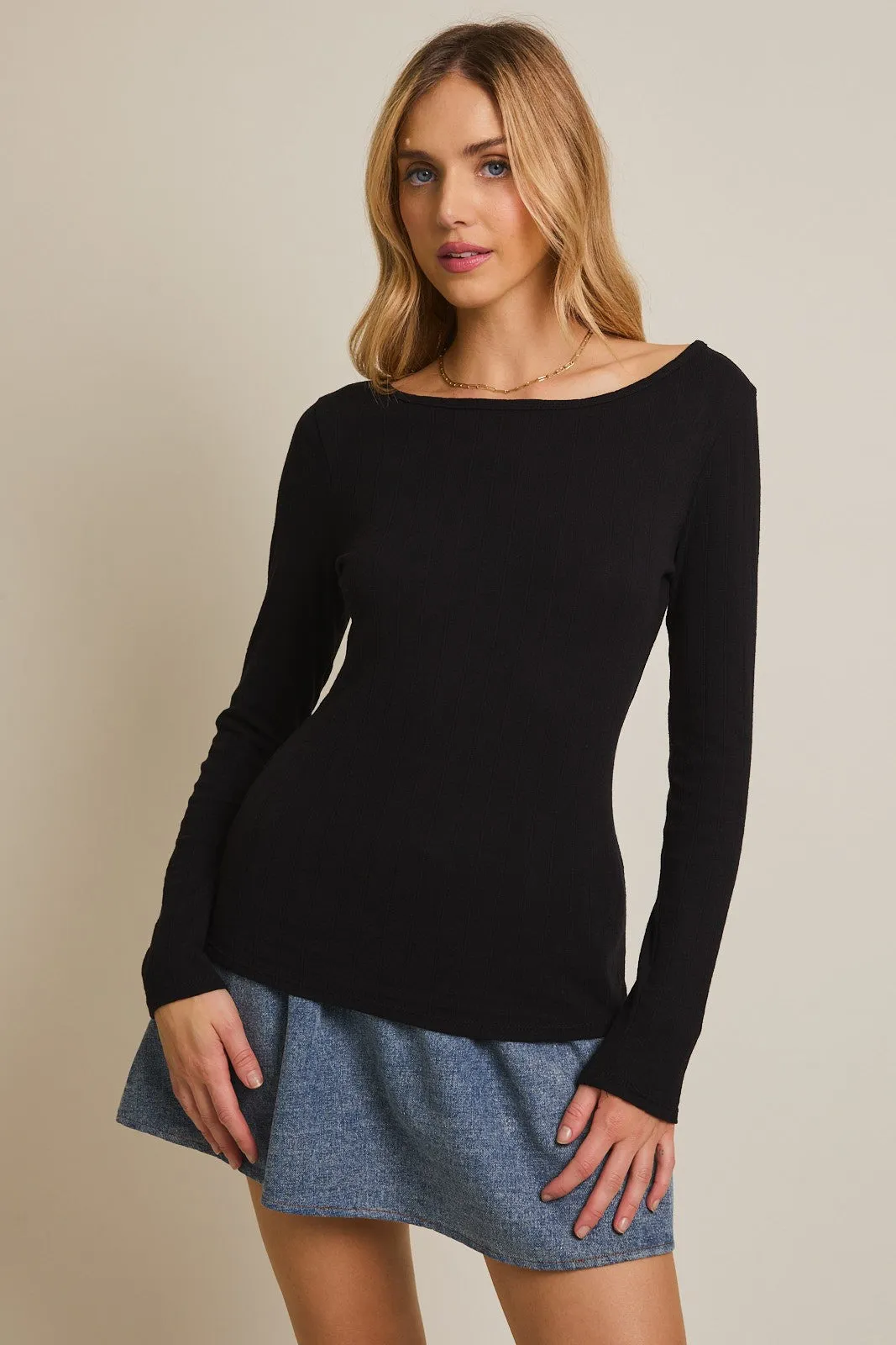 Black Boat Neck Long Sleeve Top sold by Pinkblush product image thumbnail 2
