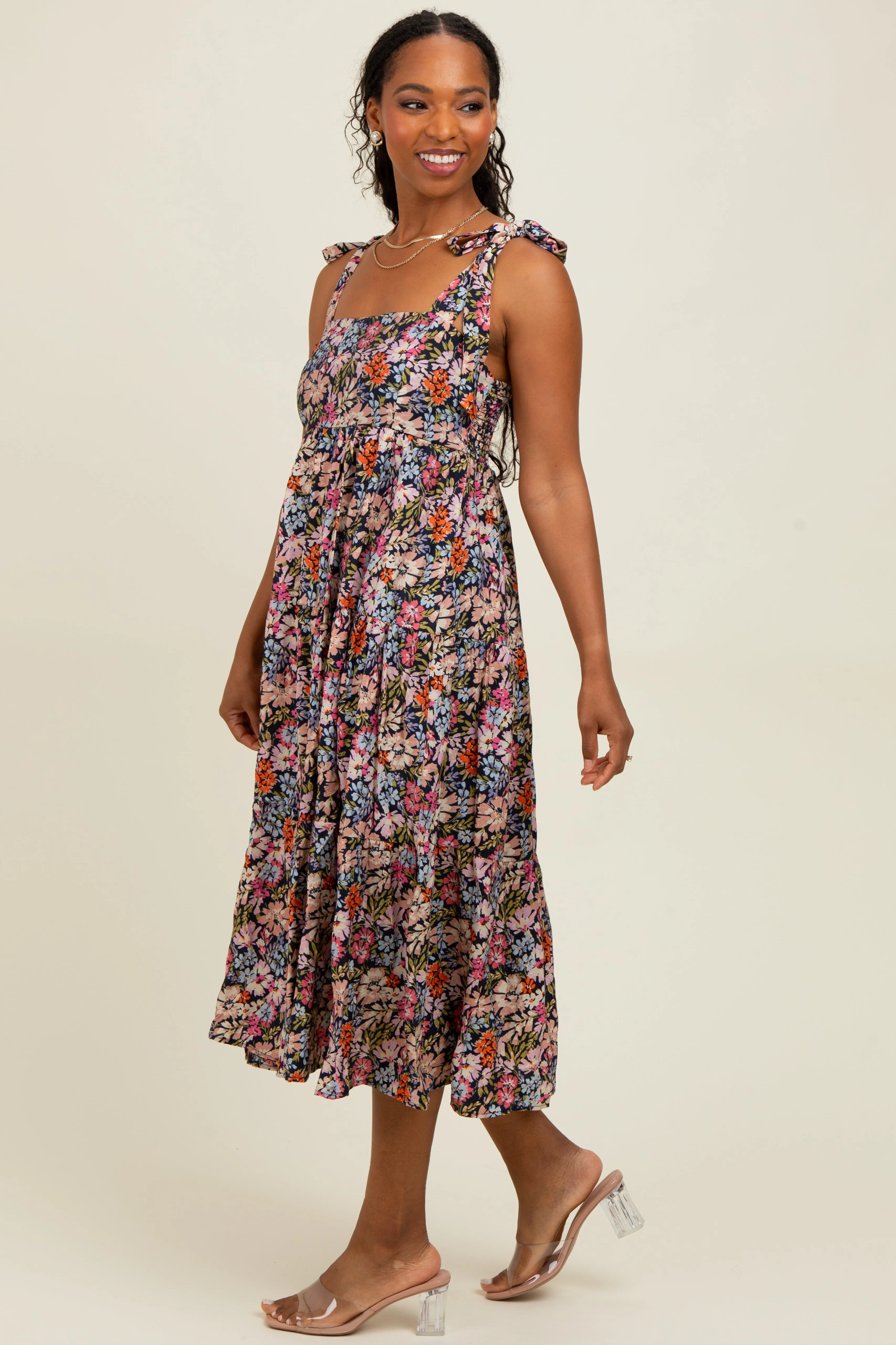 Navy Floral Shoulder Tie Midi Dress sold by Pinkblush product image thumbnail 3