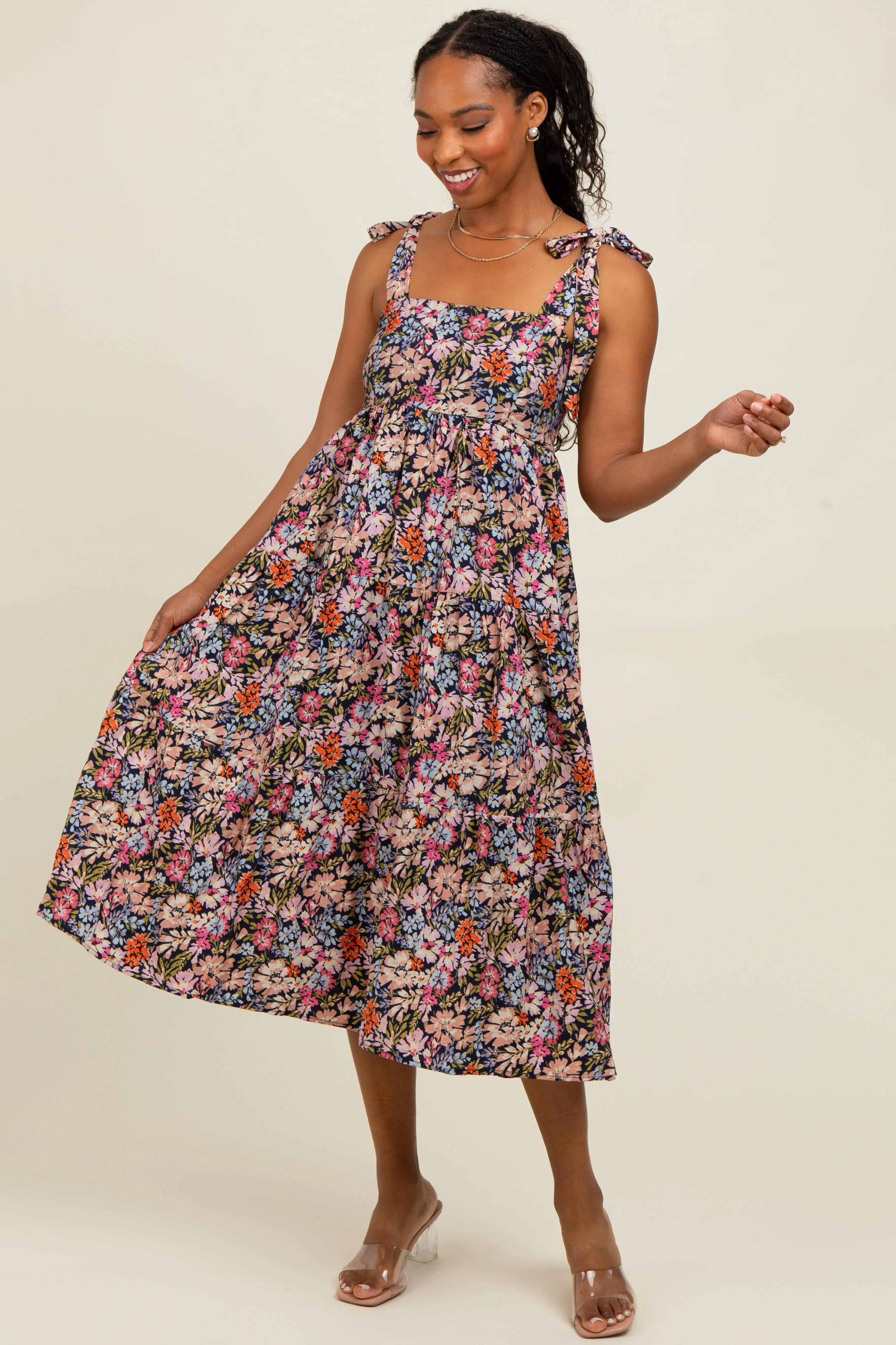 Navy Floral Shoulder Tie Midi Dress sold by Pinkblush