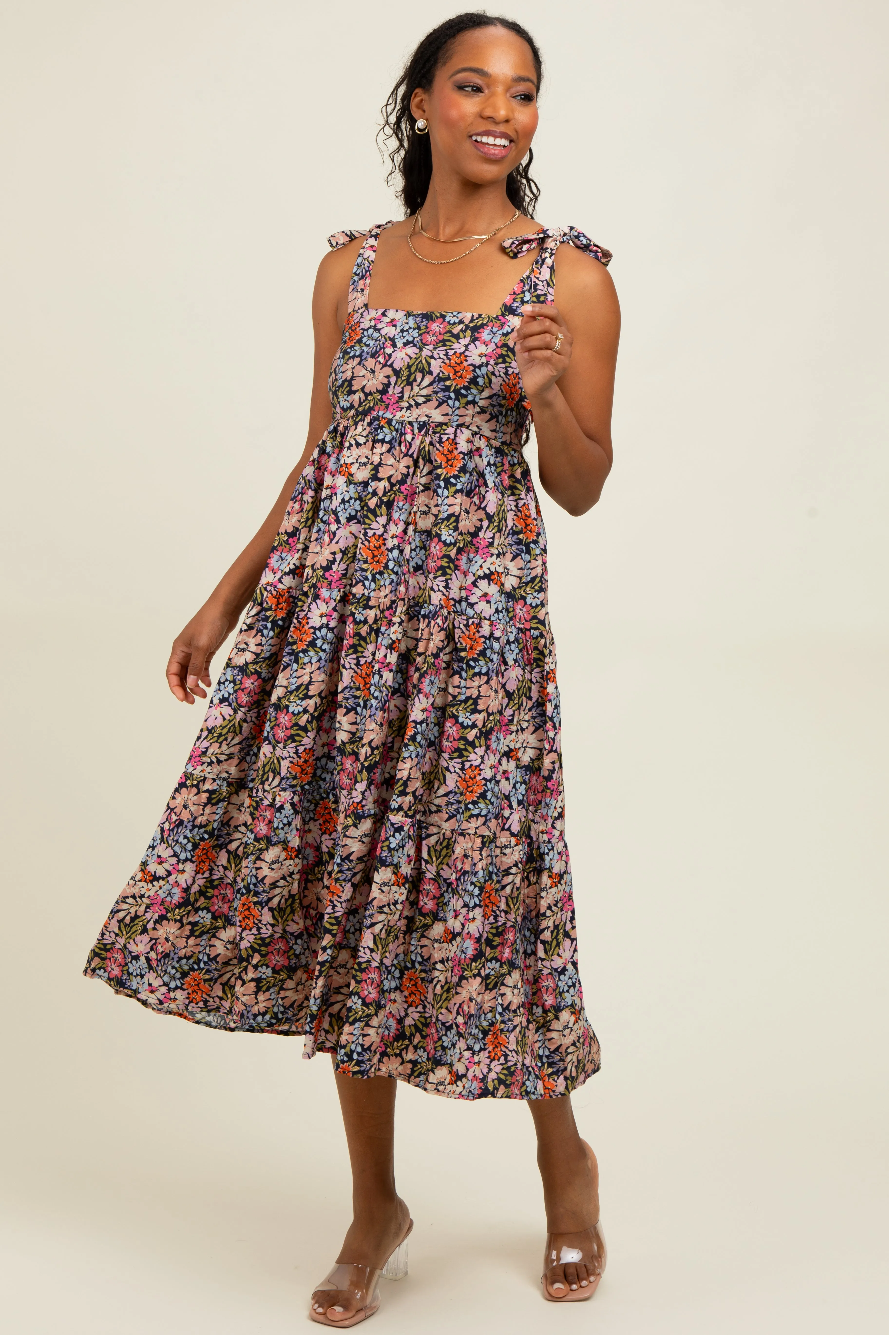 Navy Floral Shoulder Tie Midi Dress sold by Pinkblush product image thumbnail 2